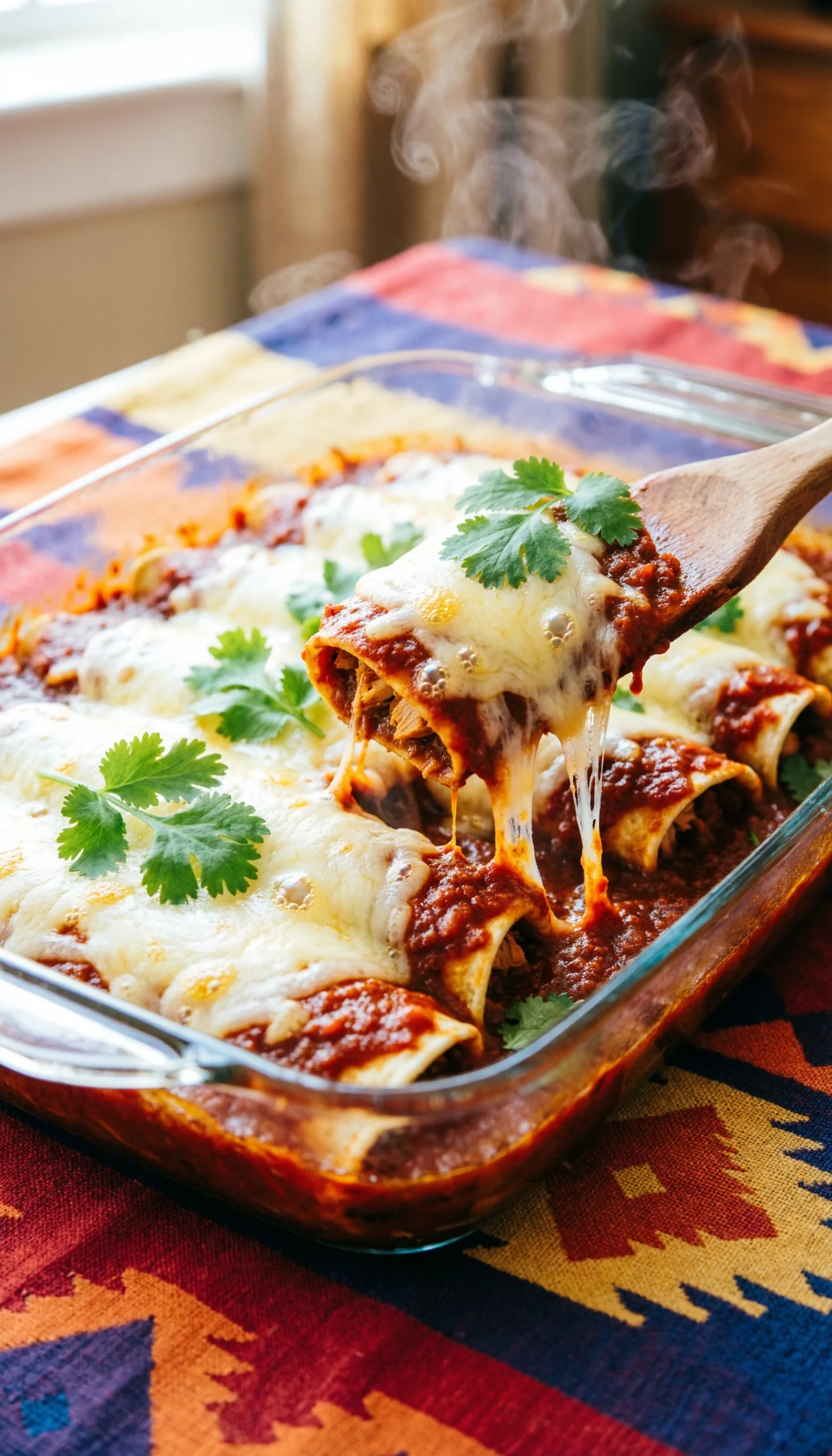 Cheesy turkey enchiladas topped with red sauce and melted Monterey Jack cheese in a glass baking dish with cilantro.