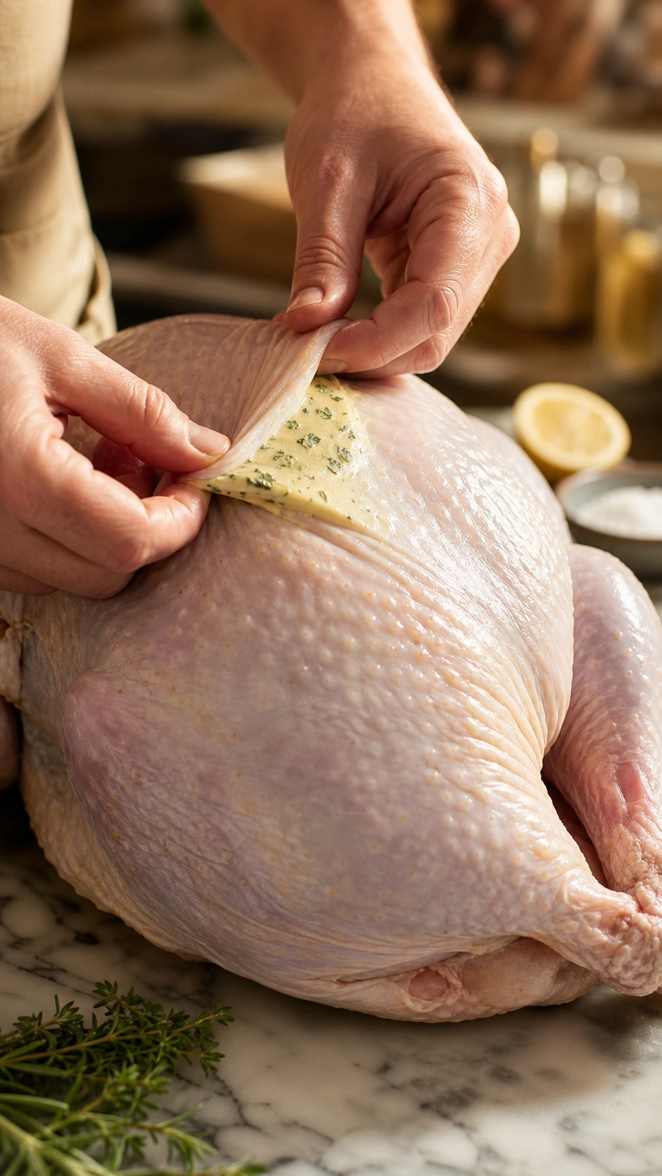 Chef’s hands sliding herb compound butter under the skin of a raw turkey breast for flavorful roasting.