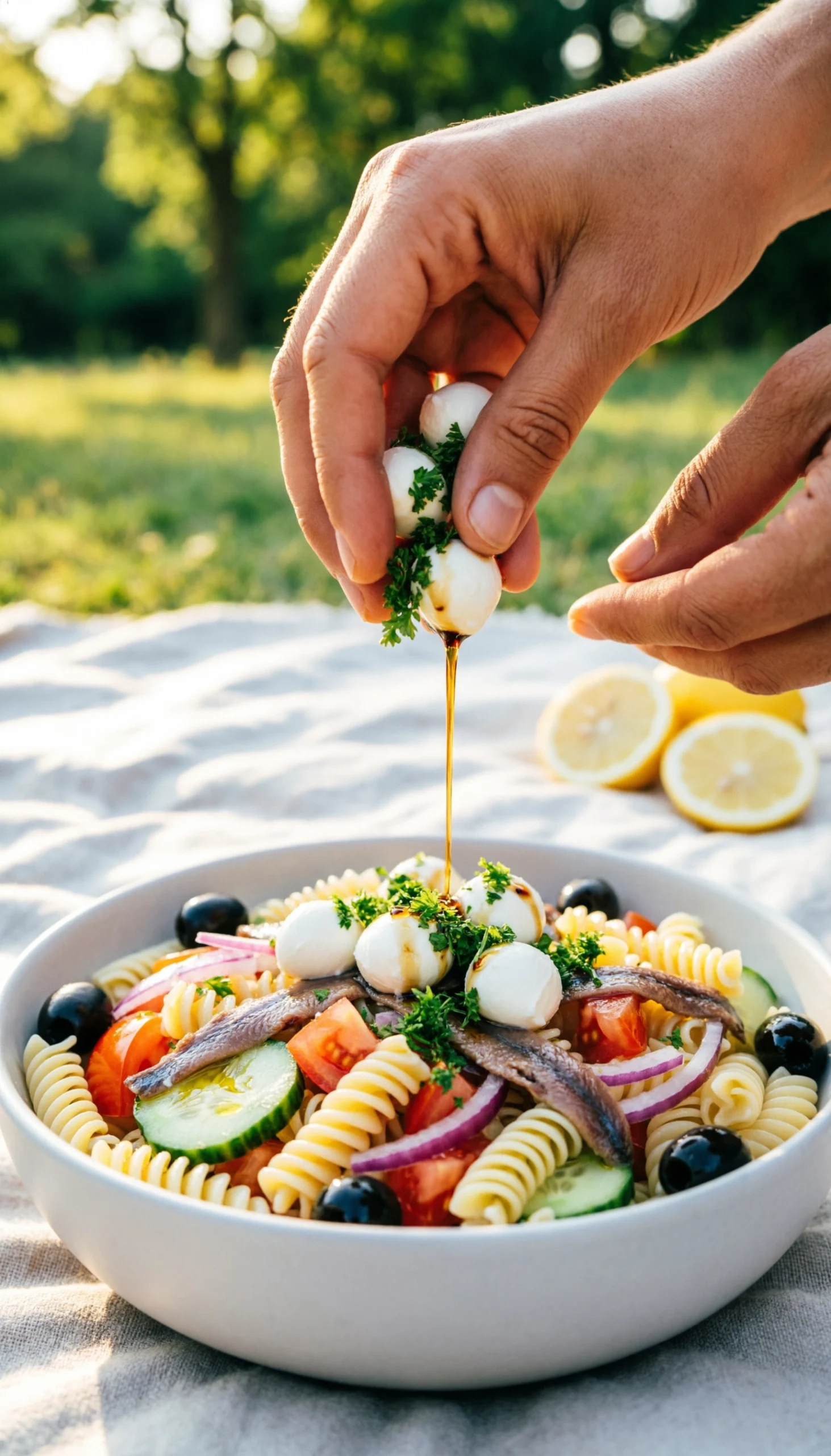 Chilled Italian pasta salad in a ceramic bowl topped with fresh mozzarella pearls and chopped parsley in a picnic setting.