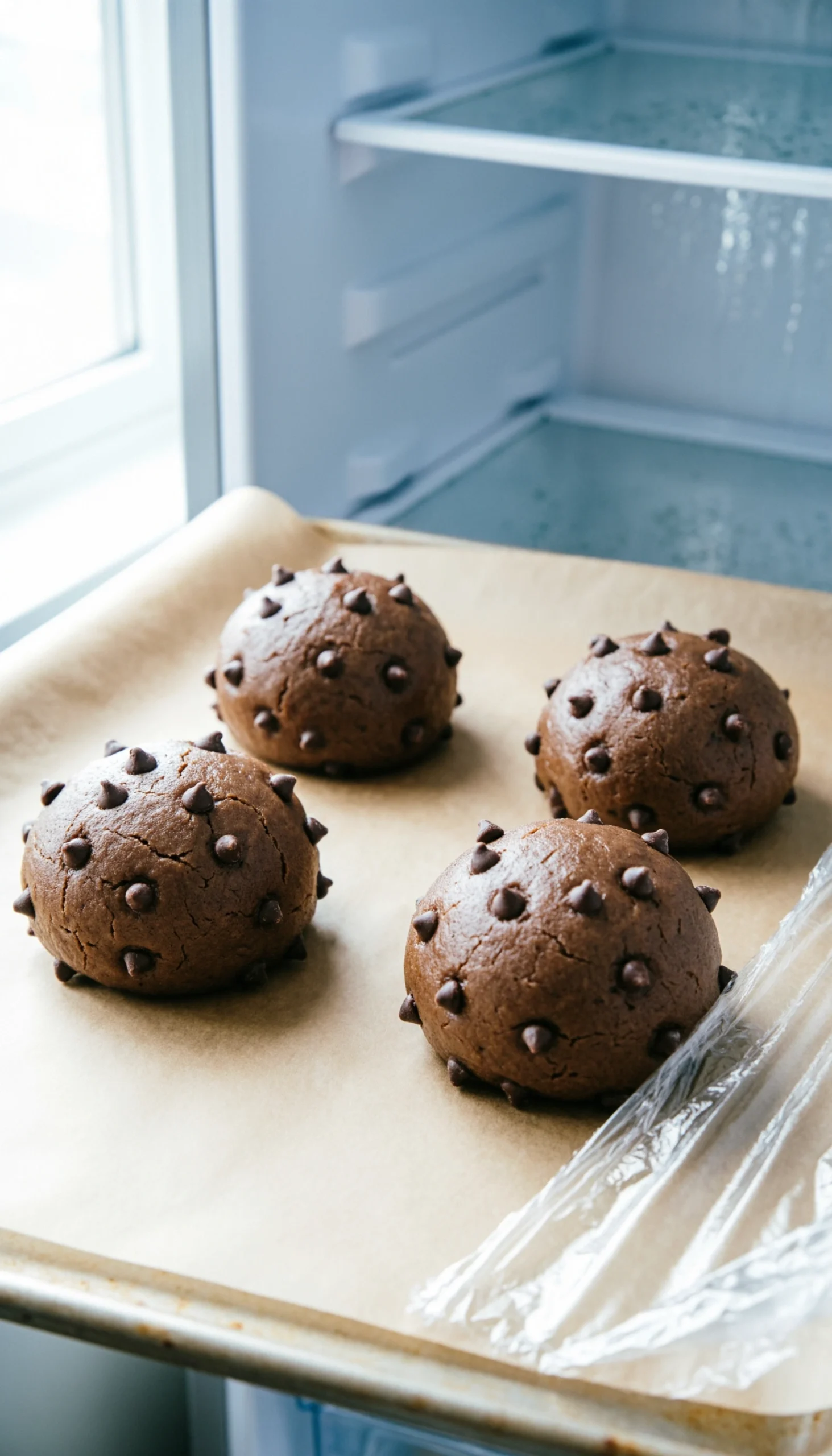 Chilled chocolate chip cookie dough balls arranged on a parchment-lined baking sheet for professional bakery results.