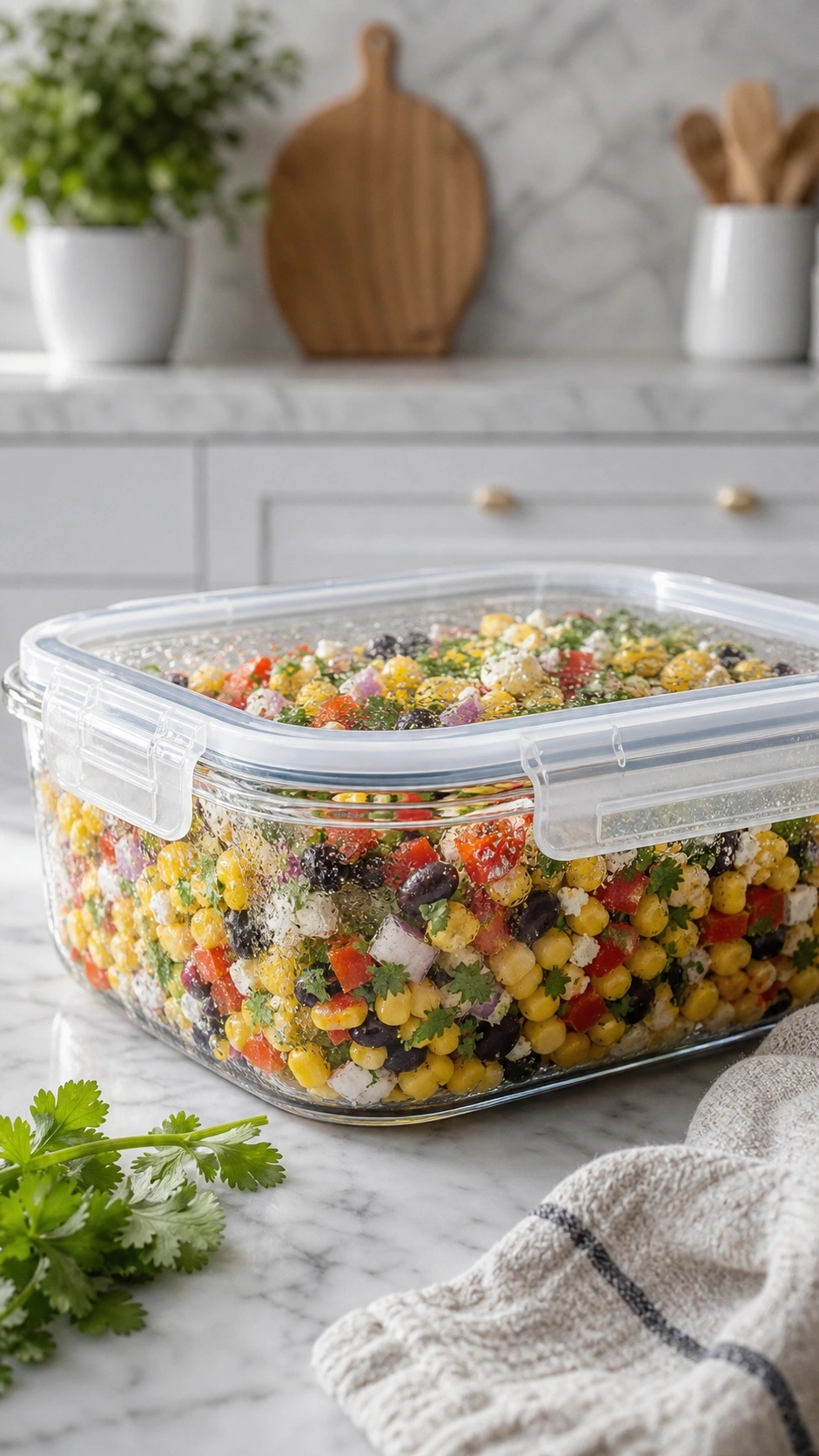 Chilled crack corn salad in a glass food storage container with a sealed lid and fresh herbs on the side.