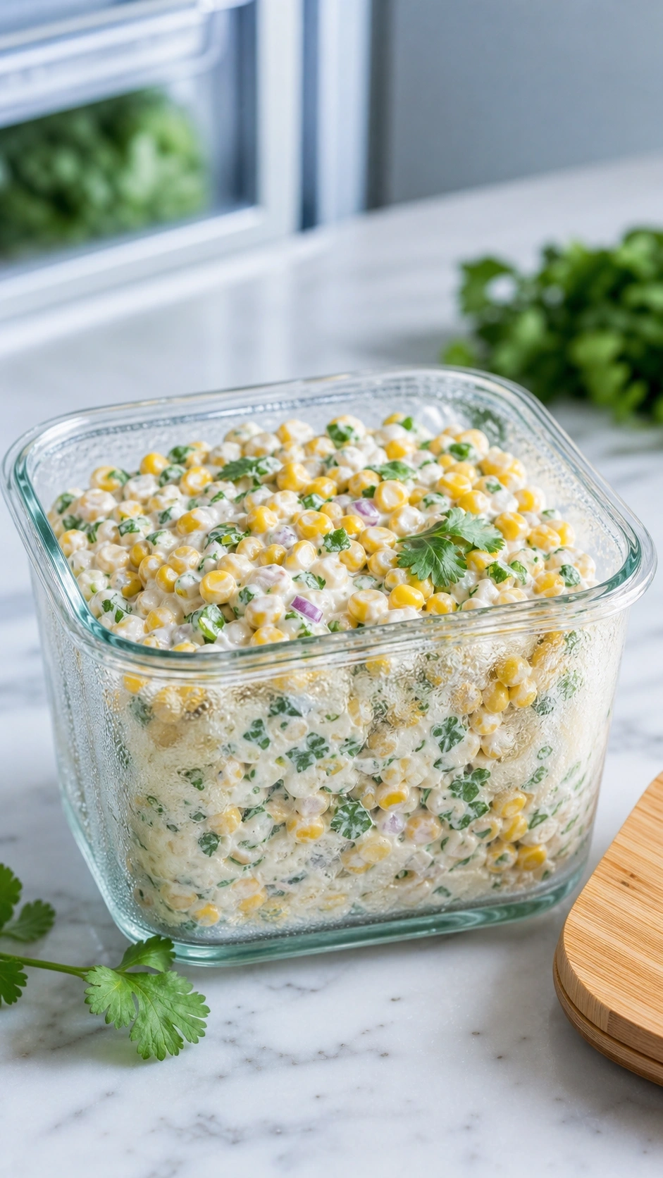 Chilled creamy corn salad stored in a glass airtight container with a bamboo lid on a white quartz countertop.