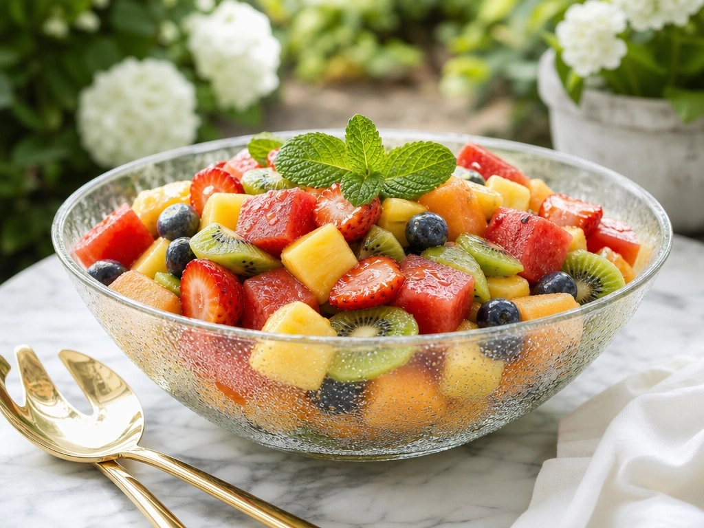 Chilled honey lime fruit salad served in an elegant glass dish with fresh mint garnish in a sunny outdoor garden.