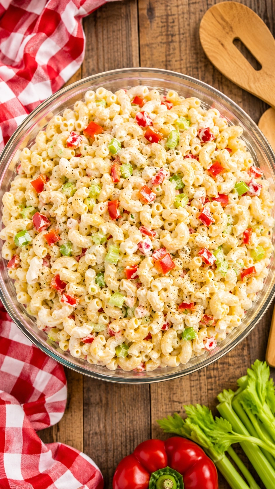 Chilled summer macaroni salad with red bell peppers and celery in a glass bowl on a rustic wooden picnic table.