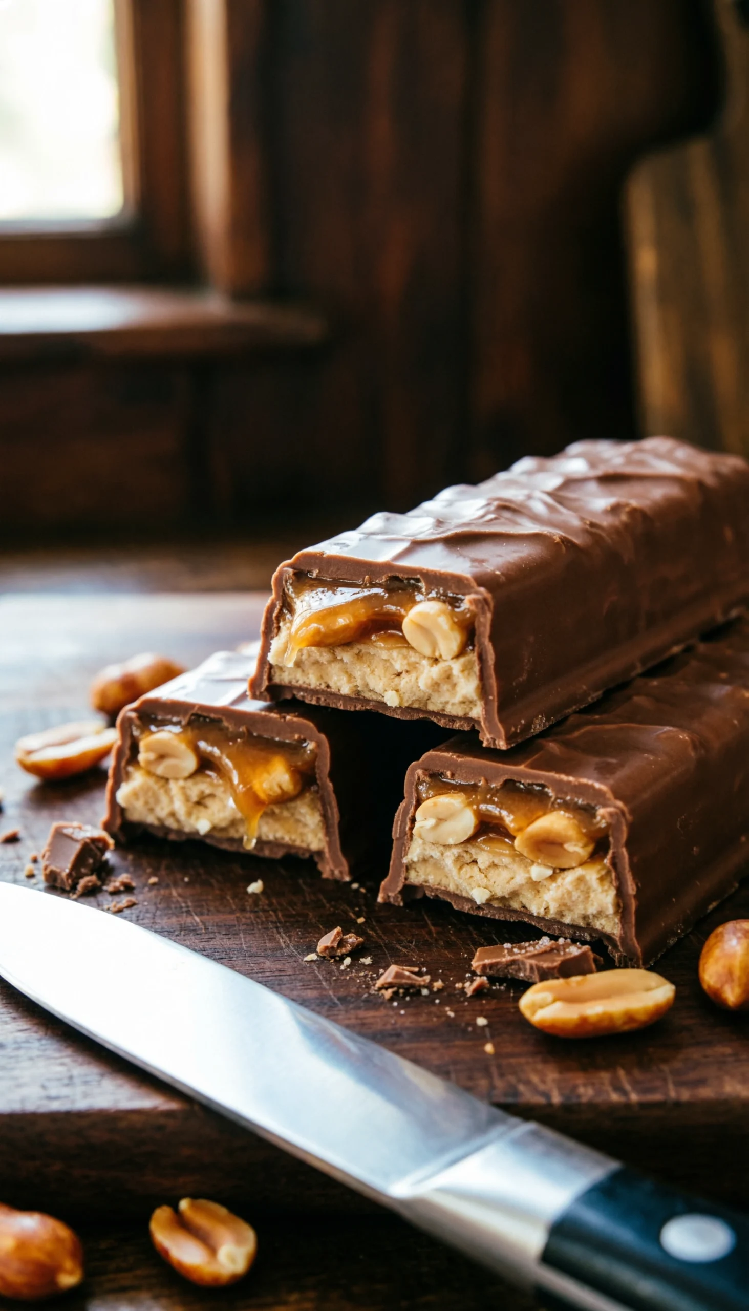 Chopped Snickers candy bars showing layers of caramel and peanuts on a rustic wooden board with a professional knife.