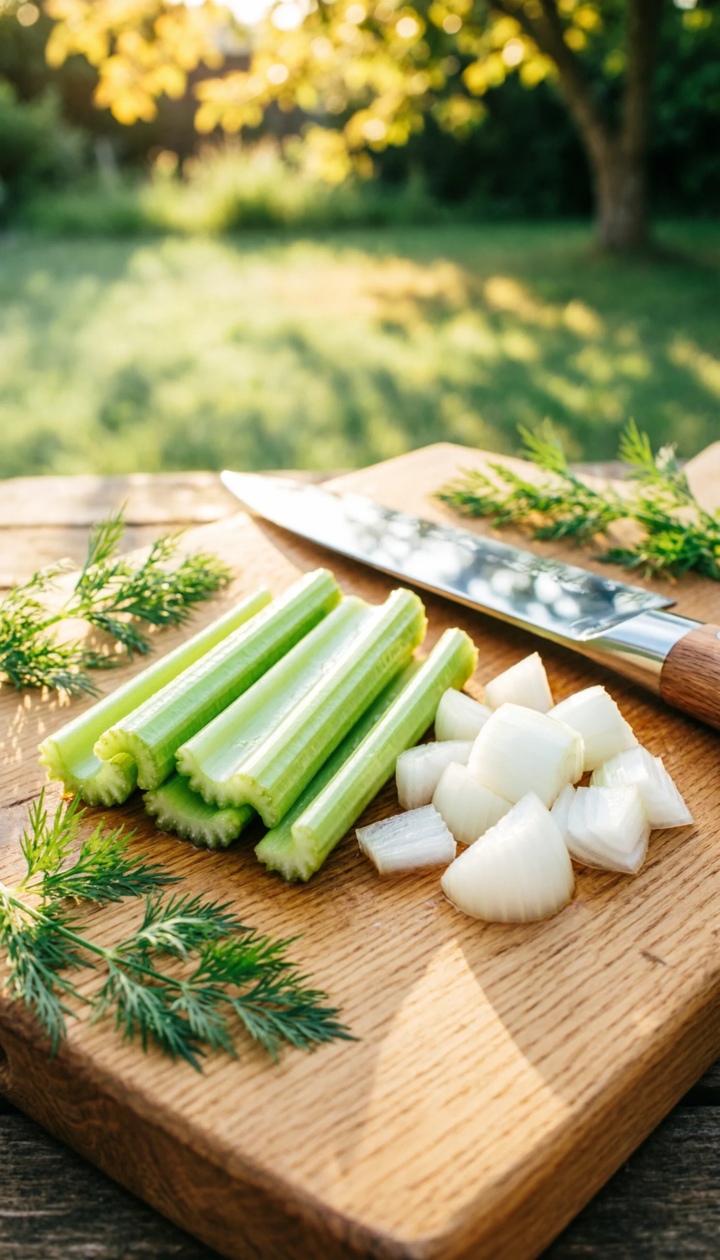 Chopped green celery and white onions on a rustic wooden cutting board with a professional chef’s knife and fresh dill.
