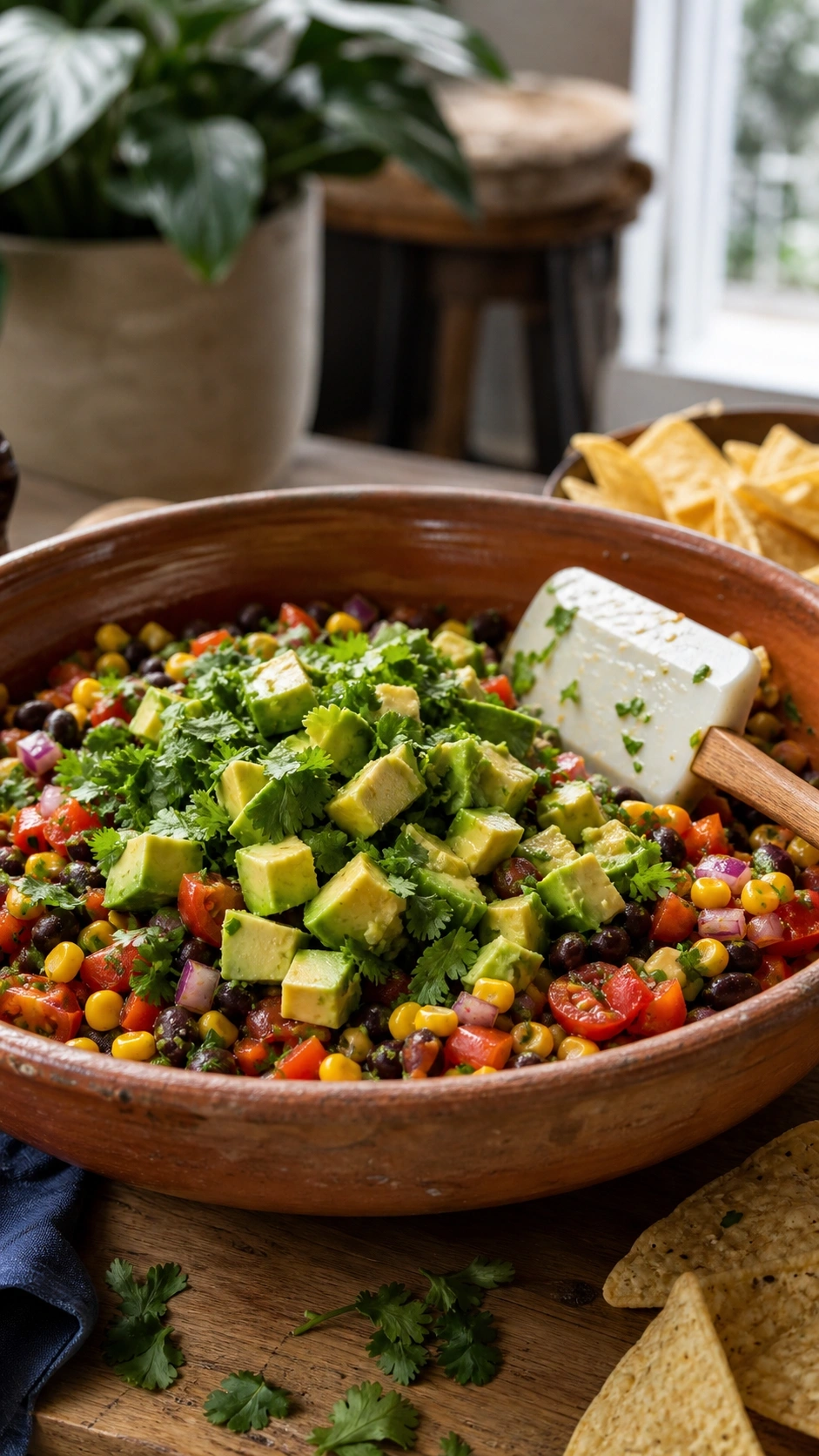 Chunky avocado and fresh cilantro are gently folded into vibrant cowboy caviar in a glass bowl on a rustic wooden table.