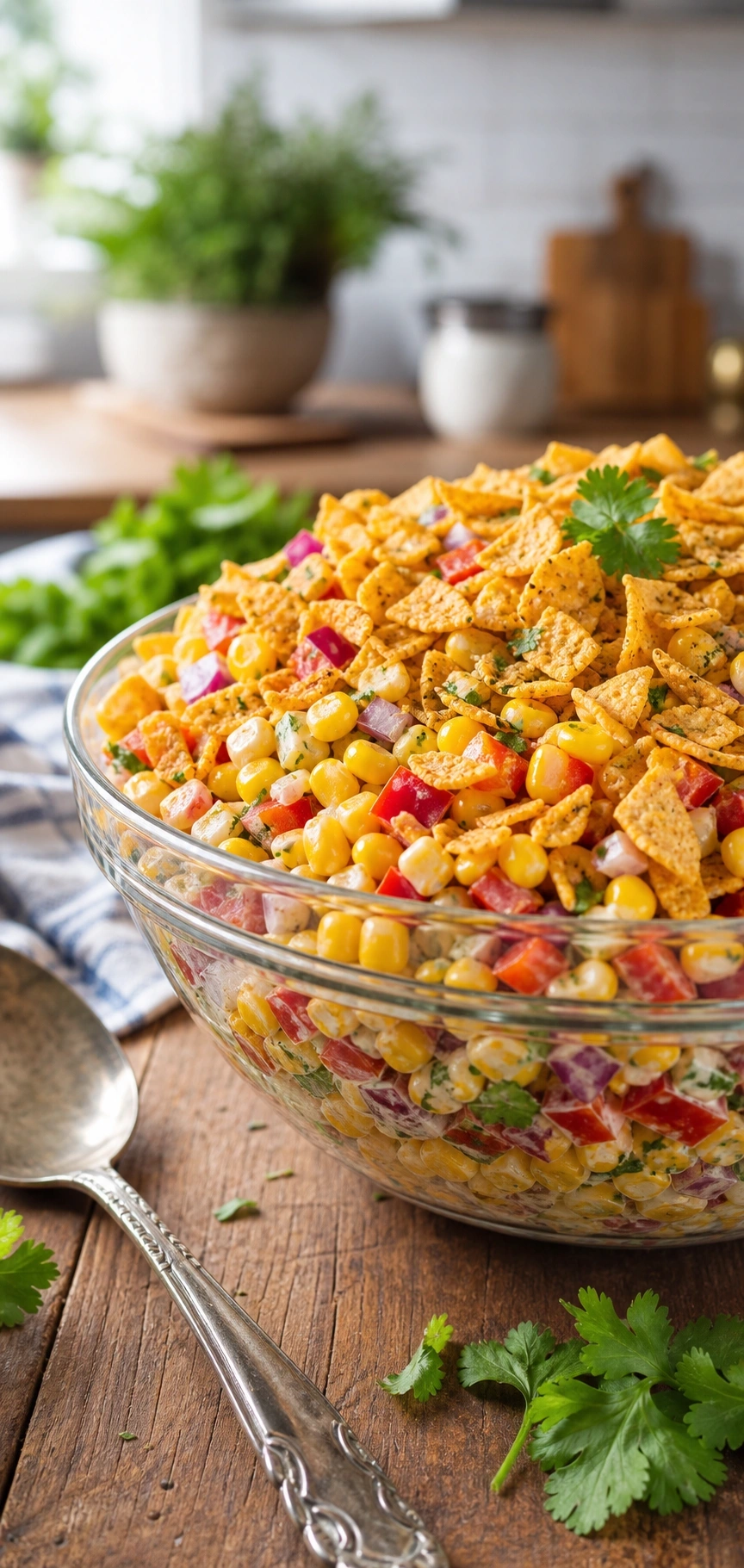 Classic Southern Frito Corn Salad in a glass bowl, topped with crunchy Chili Cheese Fritos, red bell peppers, and purple onions.