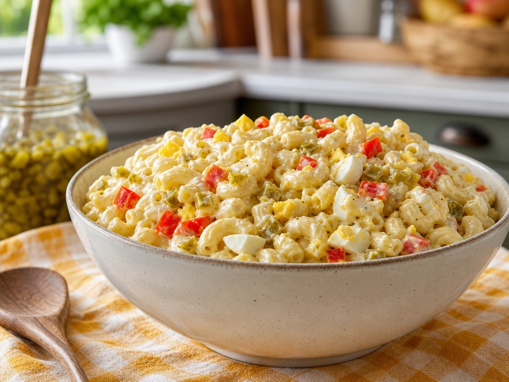 Classic Southern macaroni salad with hard-boiled eggs and red peppers on a red and white gingham linen tablecloth.