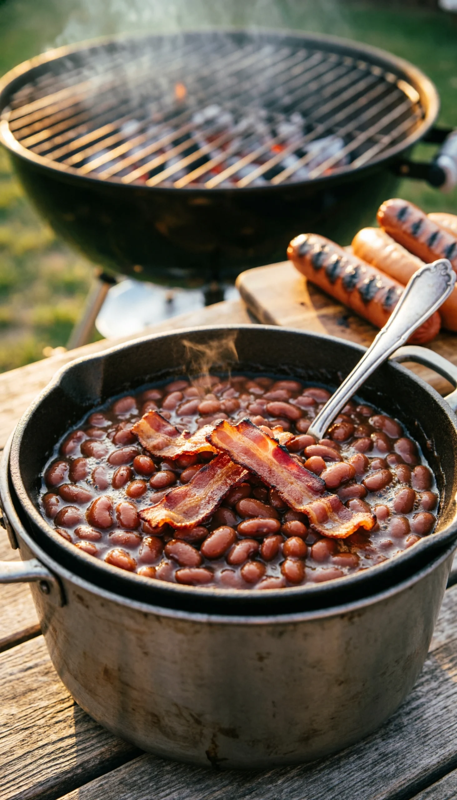 Classic baked beans topped with crispy bacon in a cast iron Dutch oven on a rustic table for a backyard BBQ.