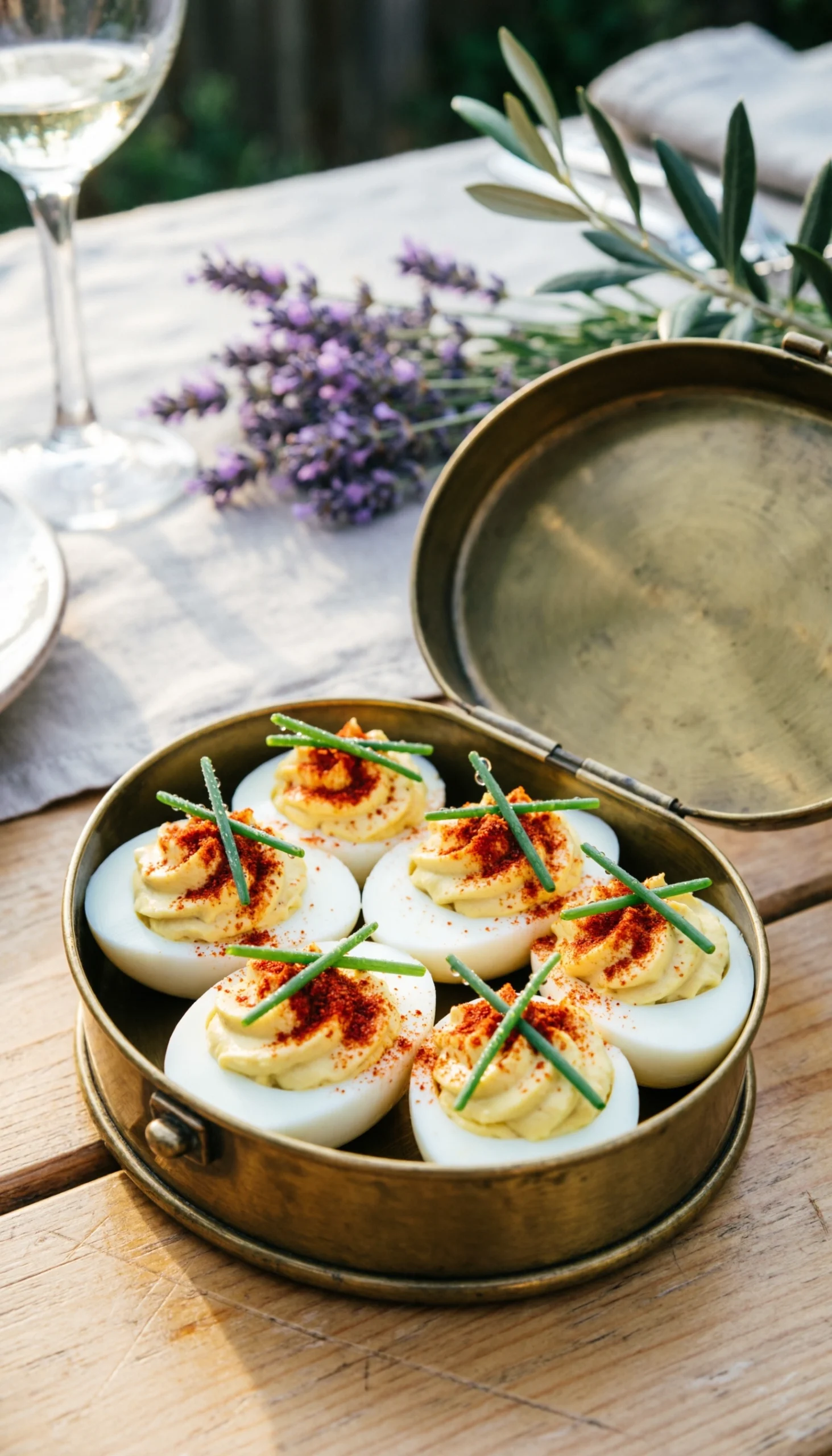 Classic deviled eggs garnished with smoked paprika and fresh chives served on a rustic wooden outdoor picnic table.