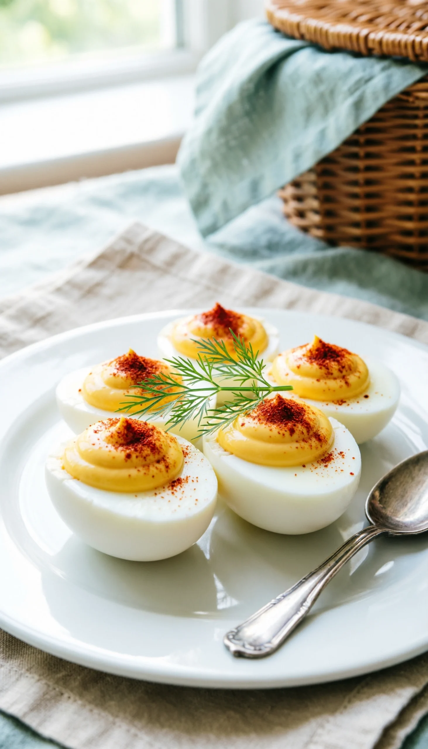 Classic deviled eggs topped with smoked paprika and fresh dill arranged on an elegant white ceramic serving tray.