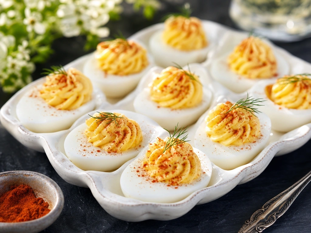 Classic deviled eggs with creamy yellow filling and smoked paprika garnish on a white platter for an outdoor party side.