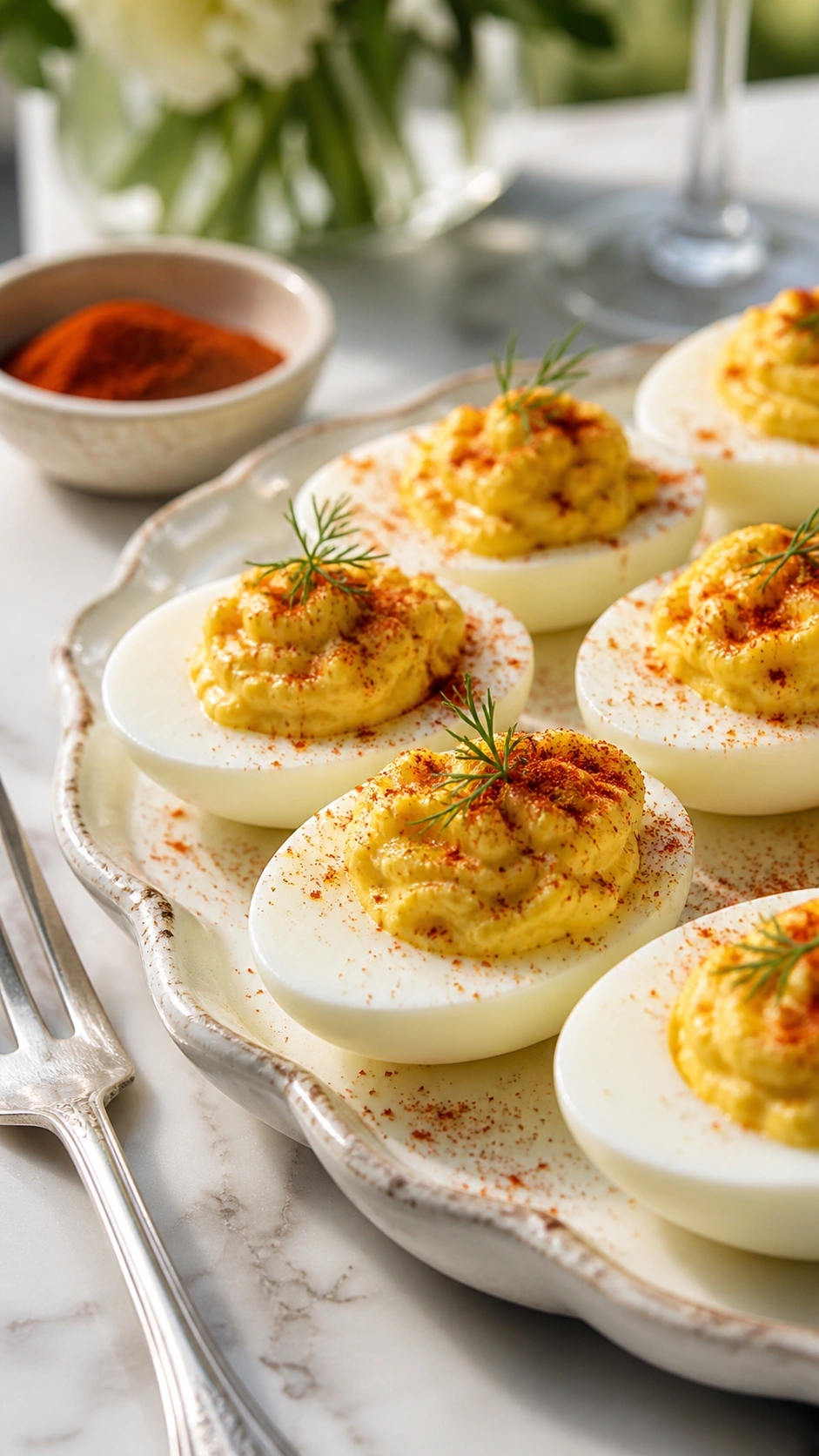Classic deviled eggs with creamy yolk filling, paprika, and fresh dill on a ceramic platter, set for an elegant outdoor dining event.