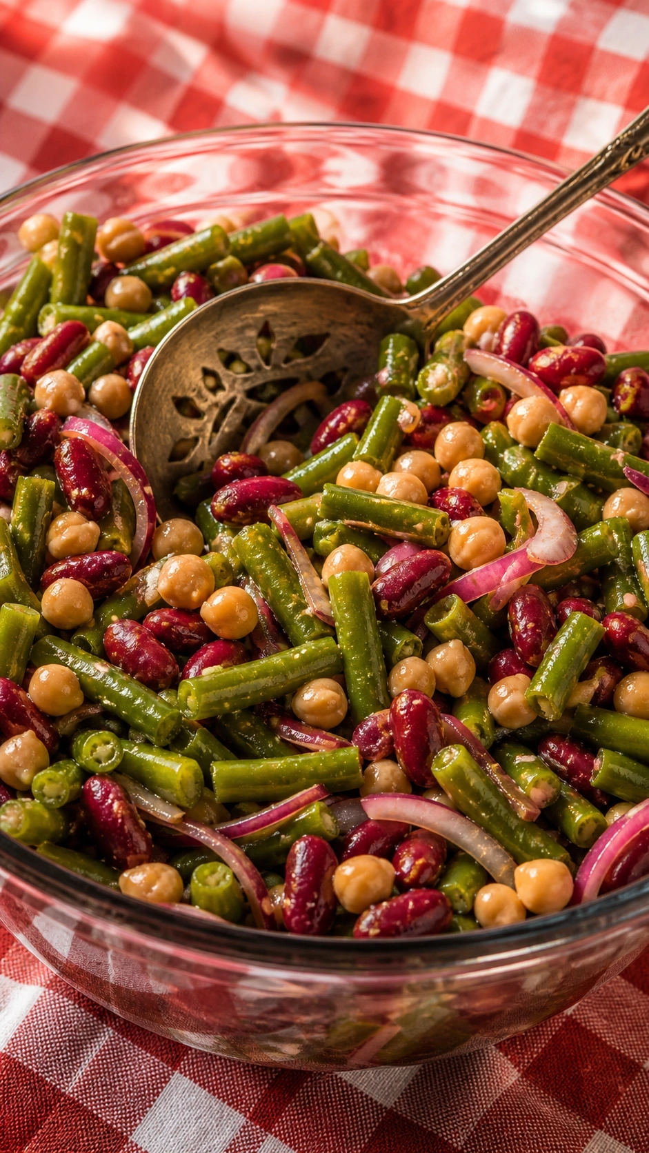 Classic marinated three bean salad with chickpeas and red onions in a glass bowl on a checkered tablecloth.
