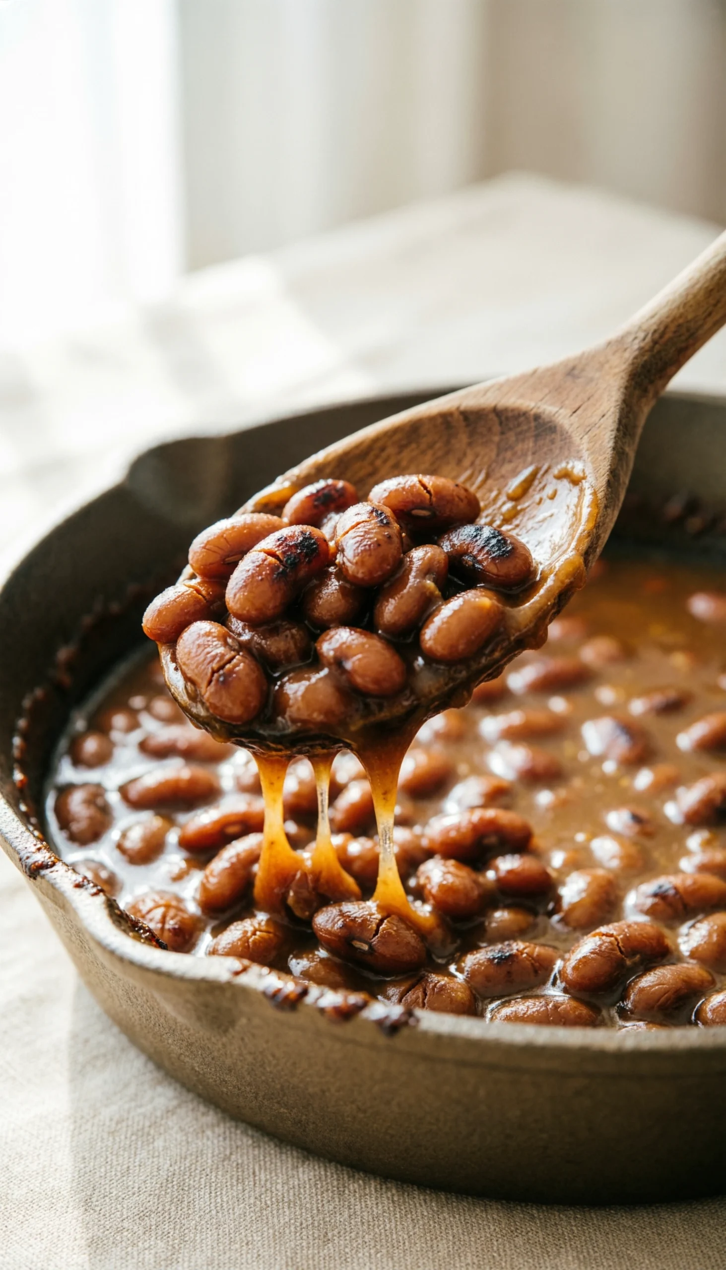 Close-up of a wooden spoon lifting syrupy baked beans from a cast iron skillet with a rich, glossy sauce texture.