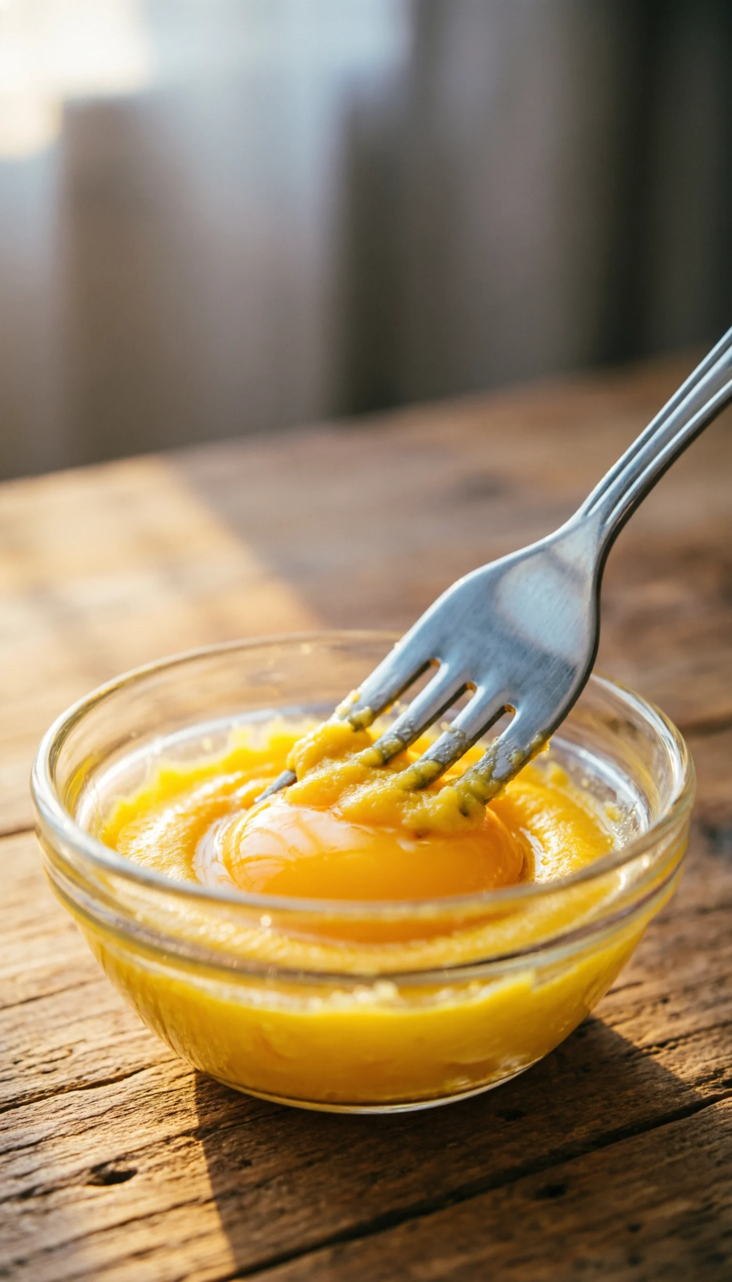 Close-up of bright yellow hard-boiled egg yolks being mashed with a silver fork in a glass bowl on a wooden table.