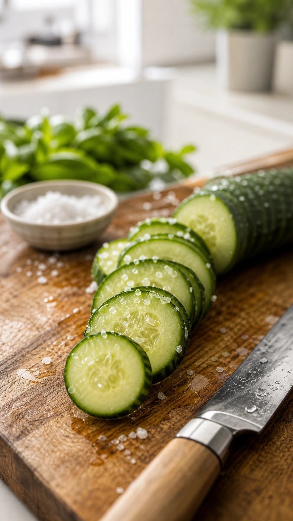 Close-up of fresh green English cucumber slices with sea salt on a rustic wooden board, beside a Japanese knife in a bright kitchen.