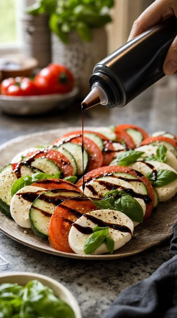 Close-up of freshly halved ruby-red cherry and yellow grape tomatoes with glistening seeds on marble, with a tomato knife and fresh basil.