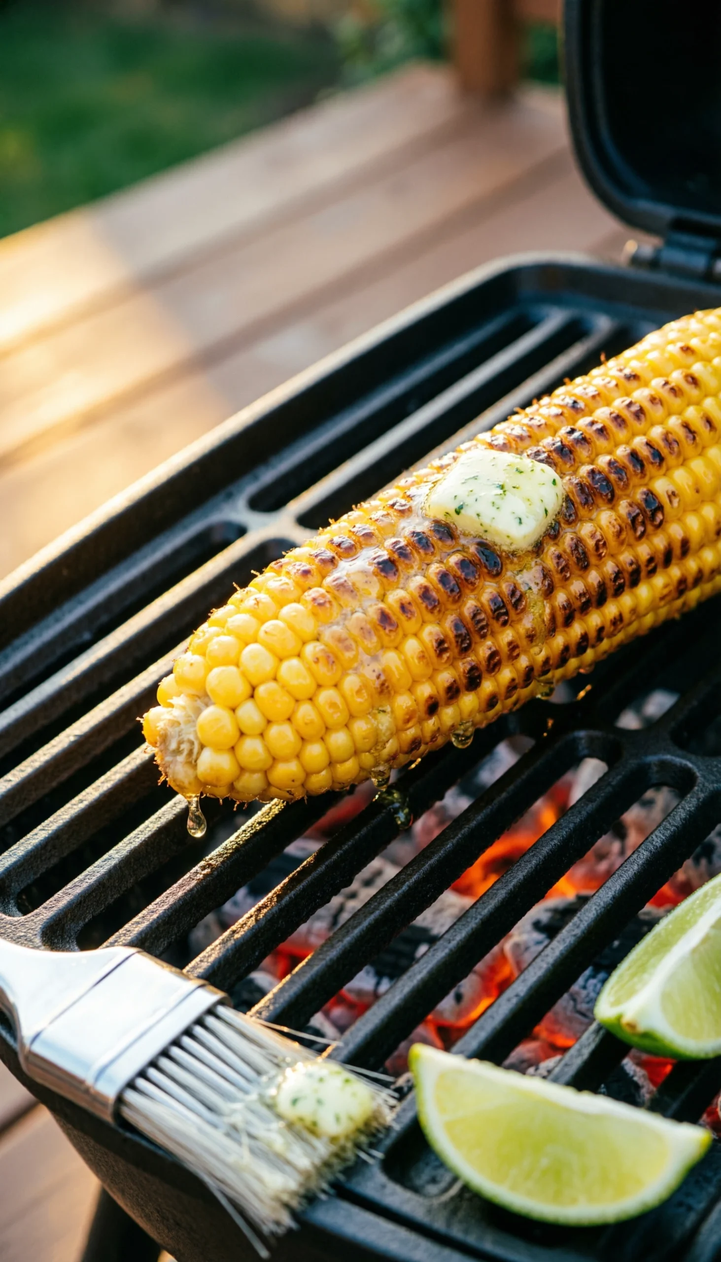 Close-up of perfectly charred golden grilled corn on the cob with melted herb butter on hot cast-iron grill grates, evoking a summer BBQ.