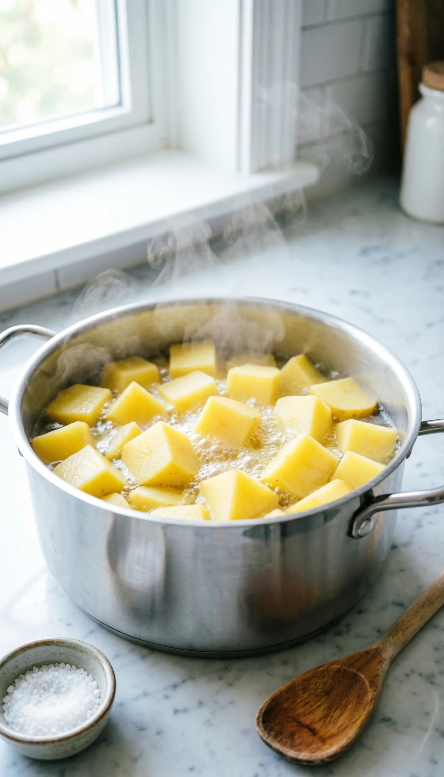Close-up of vibrant diced Yukon Gold potatoes boiling in a stainless steel pot on a marble counter, ready for classic potato salad.