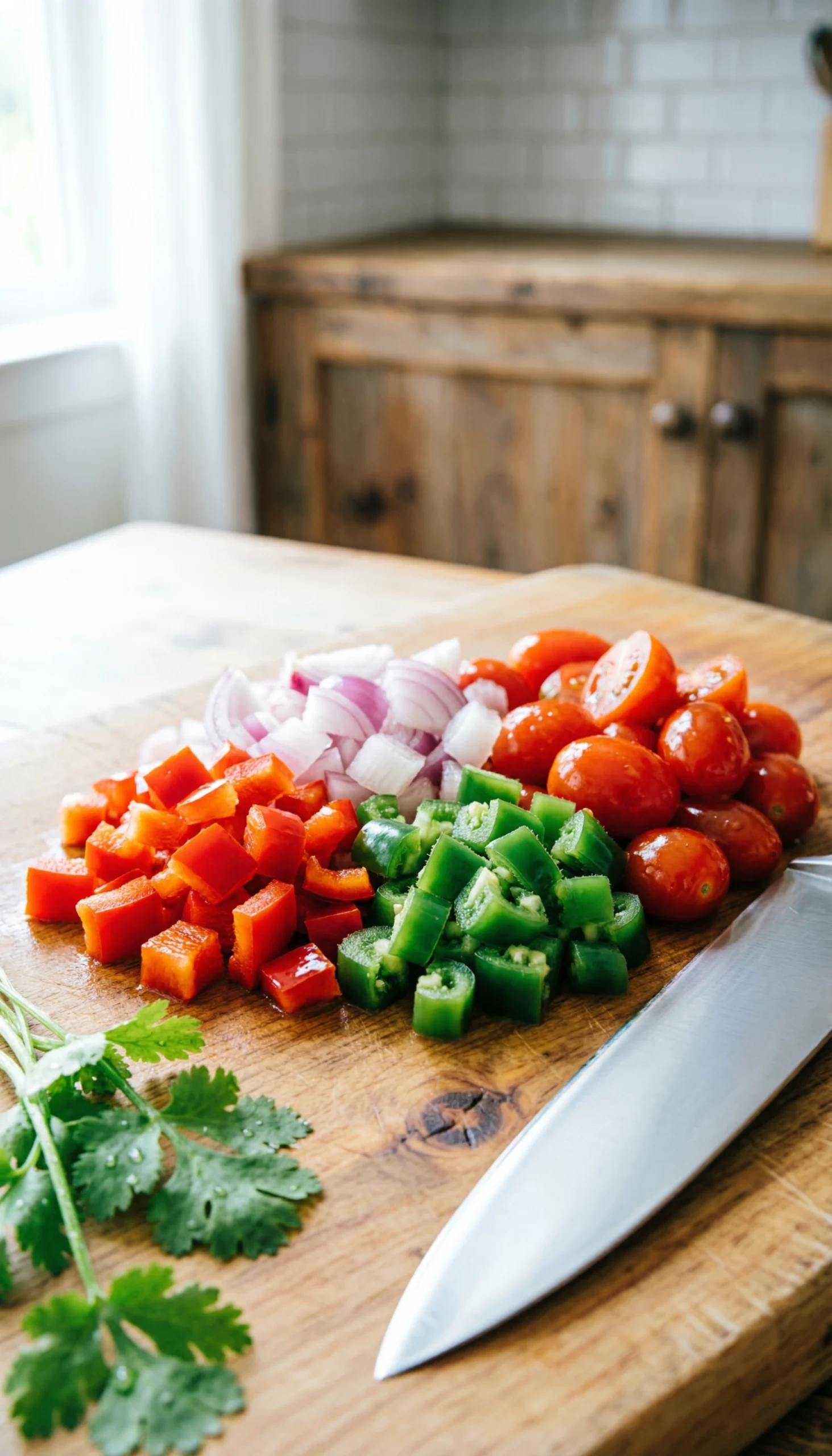 Close-up of vibrant diced red bell peppers, red onions, green jalapeños, and Roma tomatoes on a wooden cutting board with a chef’s knife.