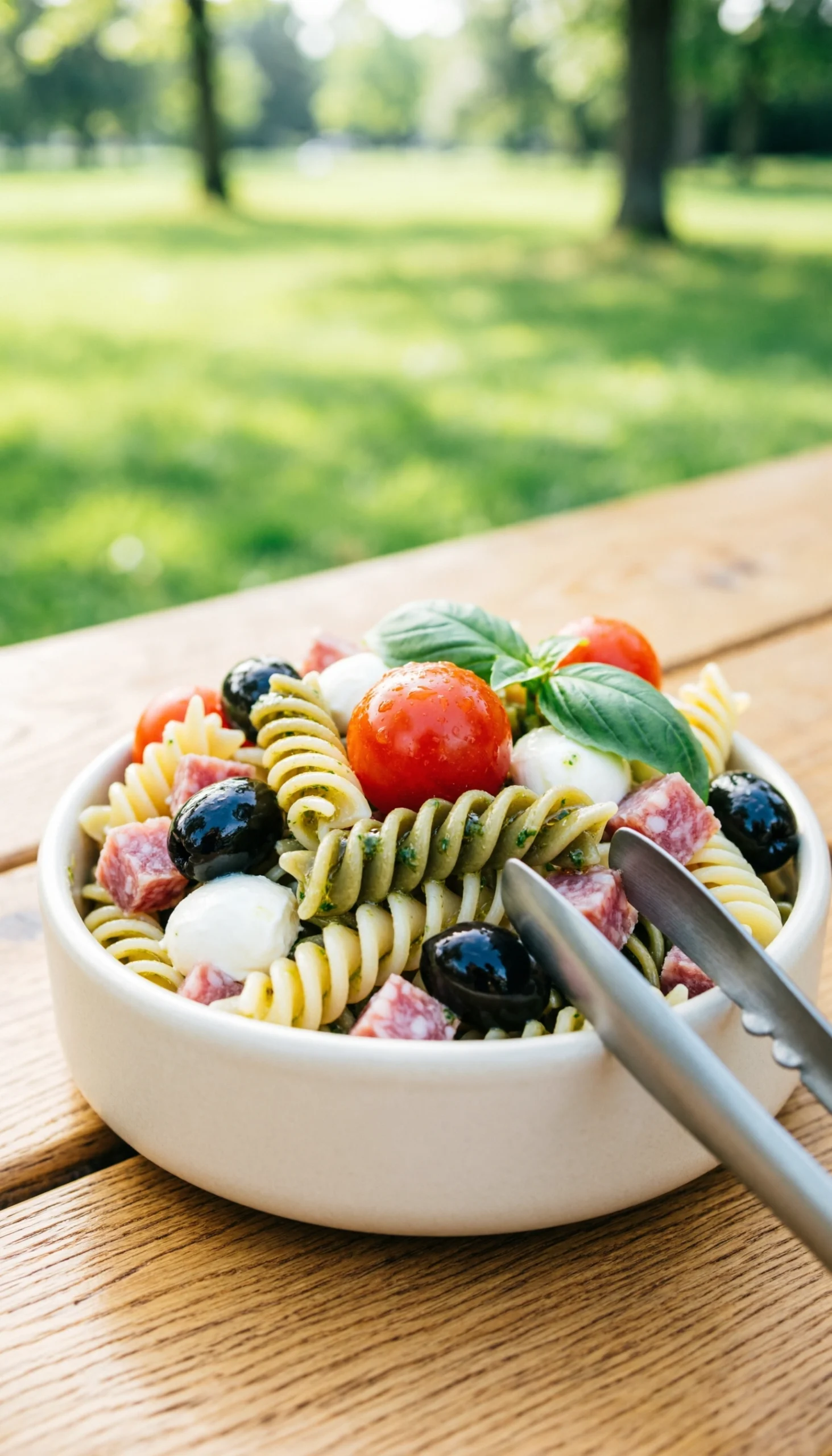 Cold Italian pasta salad with tri-color rotini, cherry tomatoes, and mozzarella on a rustic wooden picnic table.