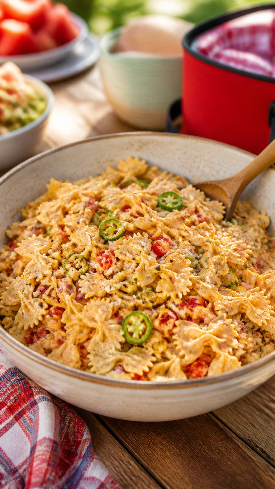 Cold street corn pasta salad featuring bowtie pasta, charred corn, jalapeños, and red onions in a large serving bowl.