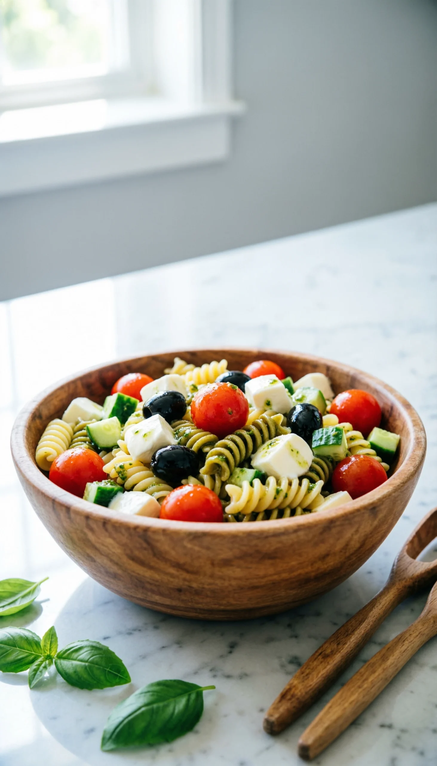 Cold tri-color rotini pasta salad with tomatoes, olives, and mozzarella in a wooden bowl on a bright marble counter.