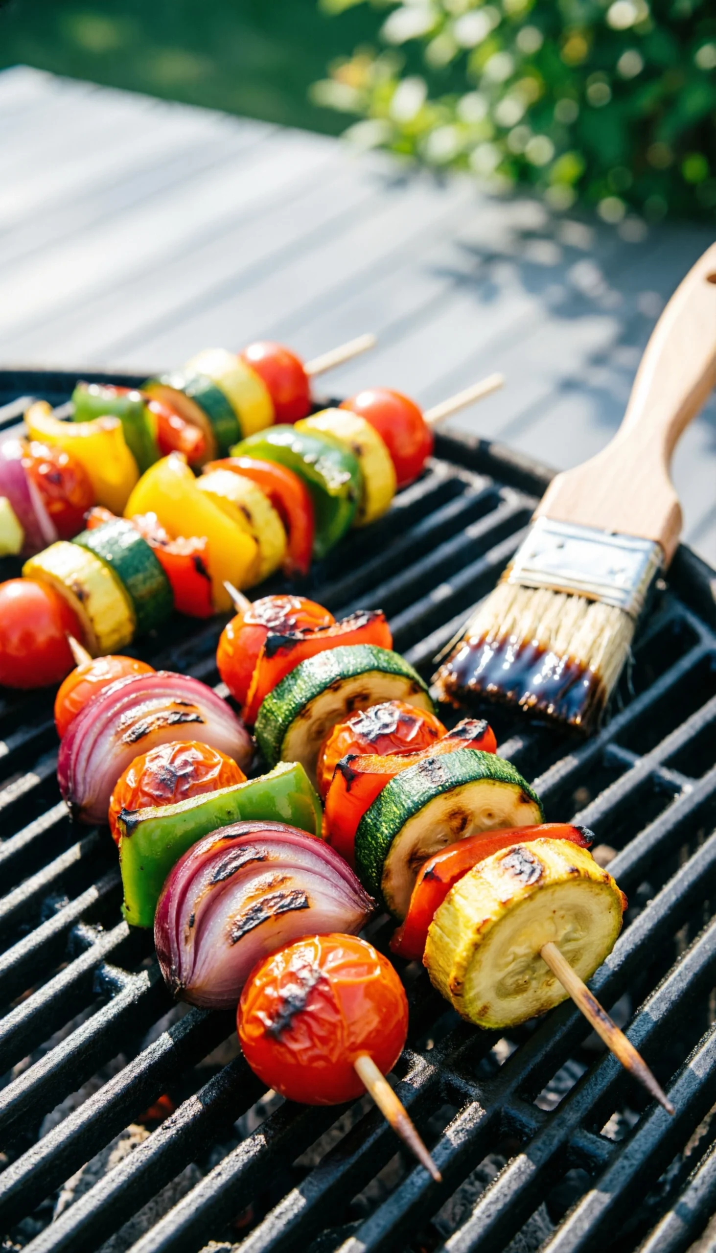 Colorful grilled vegetable kabobs with peppers, onions, and zucchini resting on hot backyard grill grates.