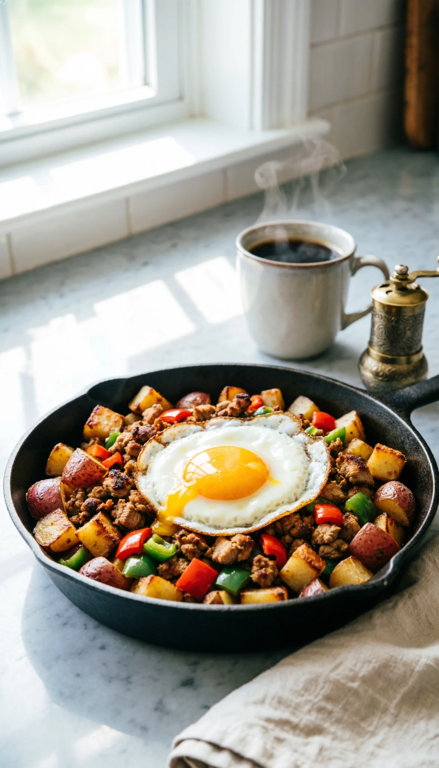 Colorful ground turkey and crispy potato breakfast hash with red bell peppers topped with a sunny-side-up fried egg.