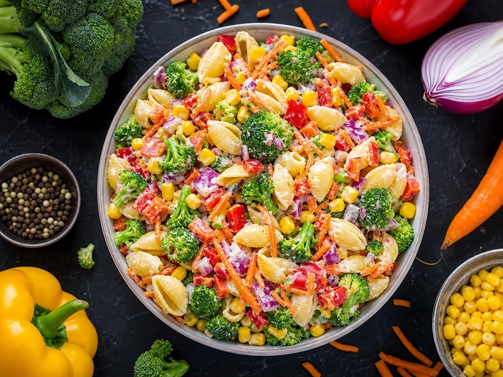 Colorful rainbow veggie broccoli pasta salad with shells, red peppers, and corn on a dark slate background flat lay.