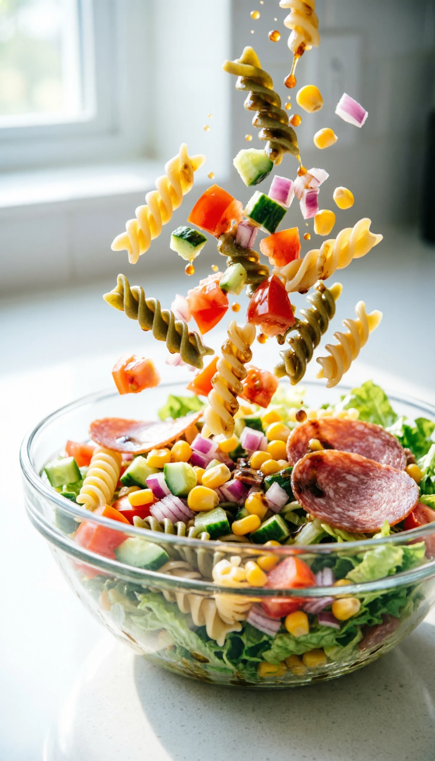 Colorful tri-color pasta salad with chopped vegetables and salami being tossed in a glass bowl with Italian dressing.