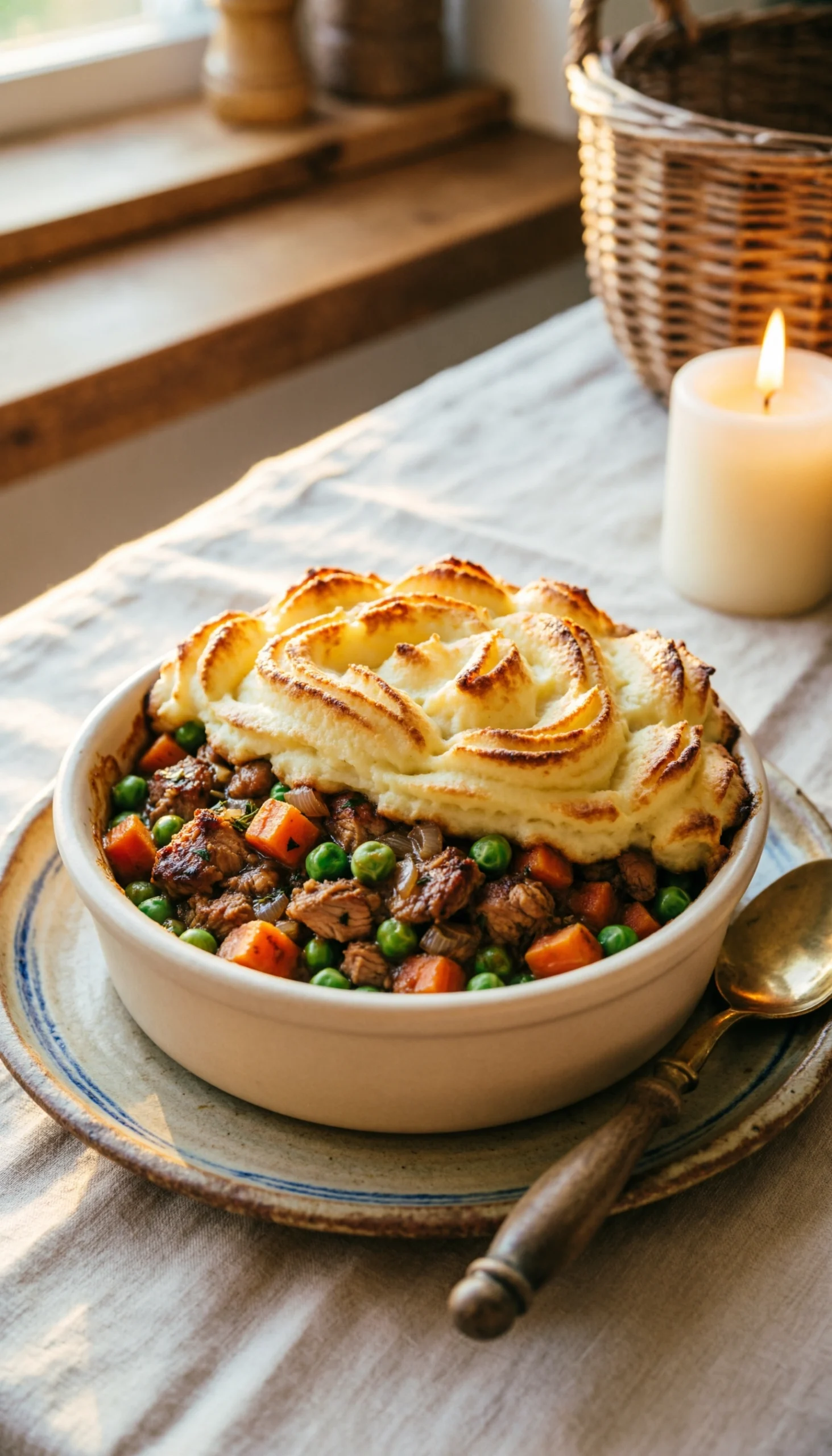 Comforting turkey shepherd’s pie with a golden swirled mashed potato crust, carrots, and peas in a ceramic dish.