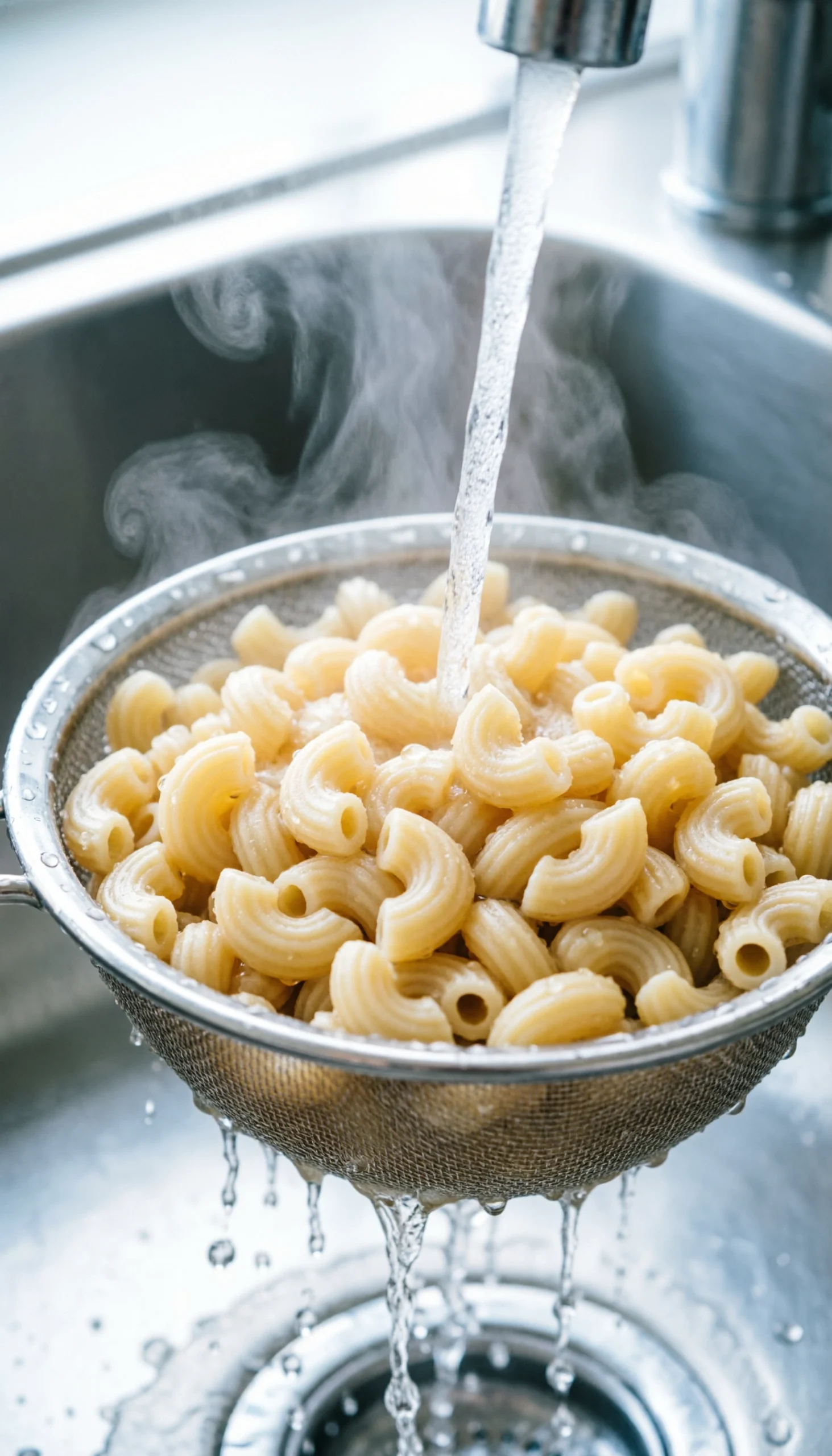 Cooked elbow macaroni glistening with water in a stainless steel colander inside a modern kitchen sink.