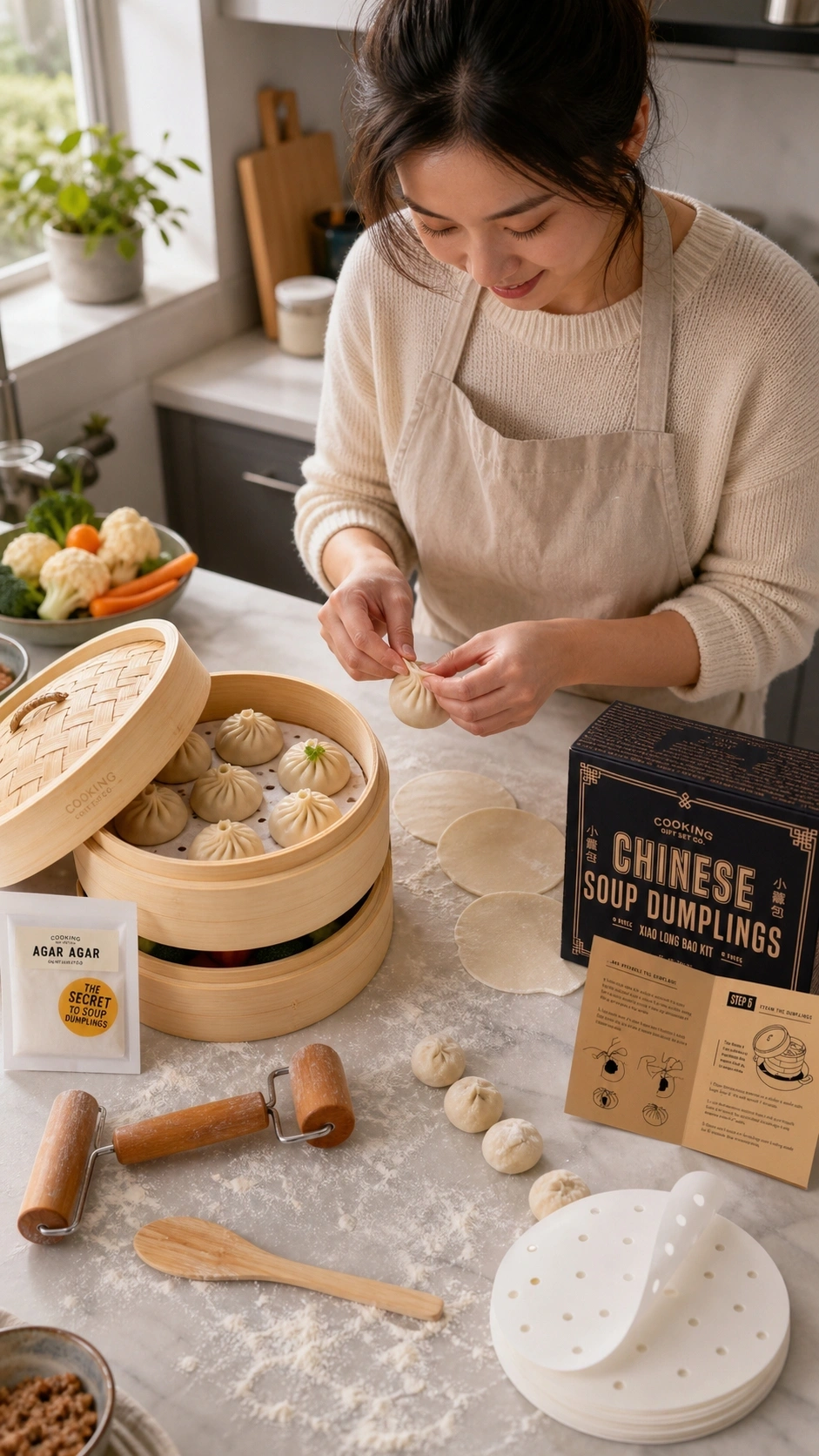 Original testing photo showing the bamboo steamer placed over a boiling wok