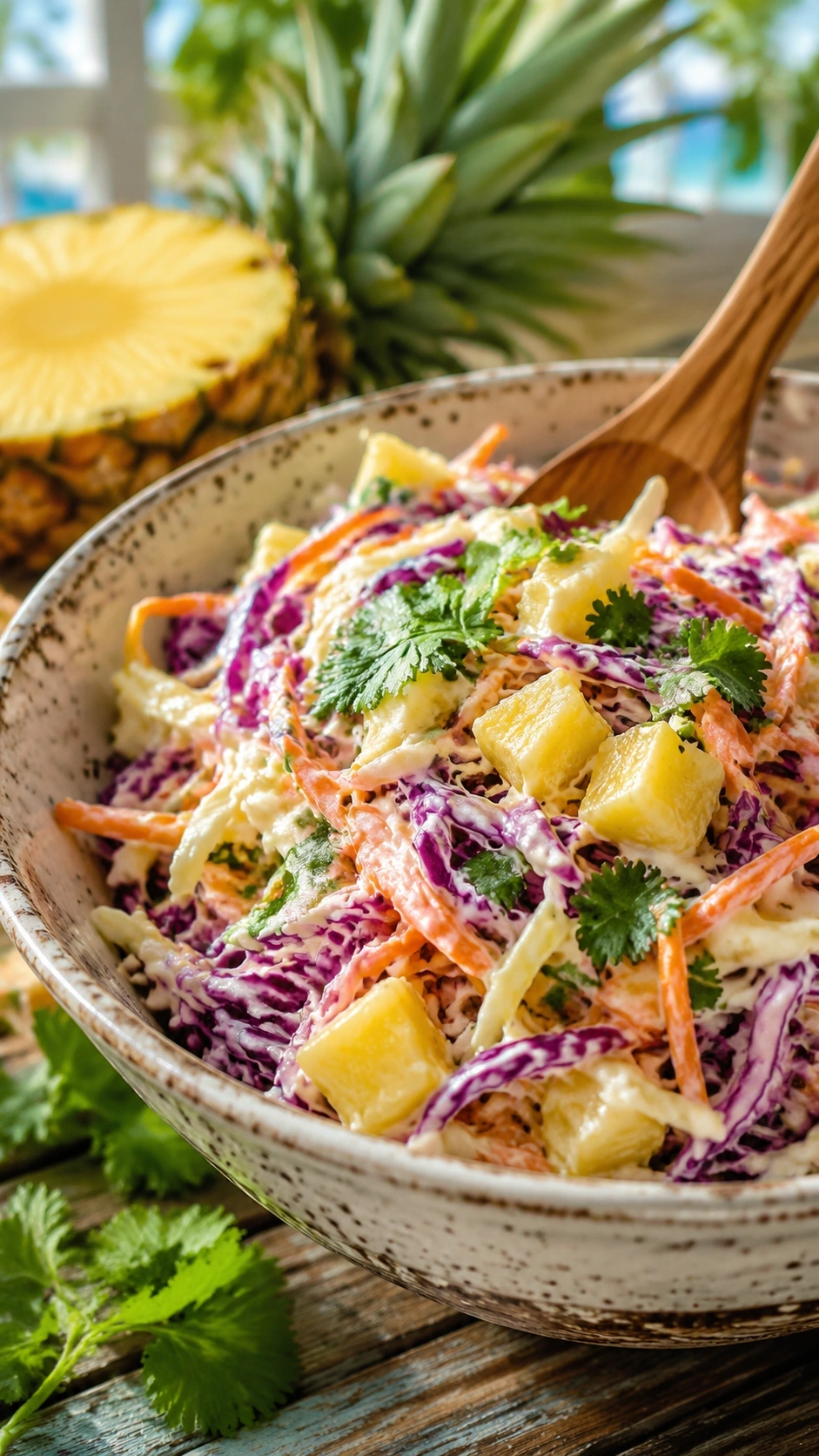 Creamy Hawaiian pineapple coleslaw with shredded red cabbage and carrots topped with fresh cilantro in a vintage bowl.
