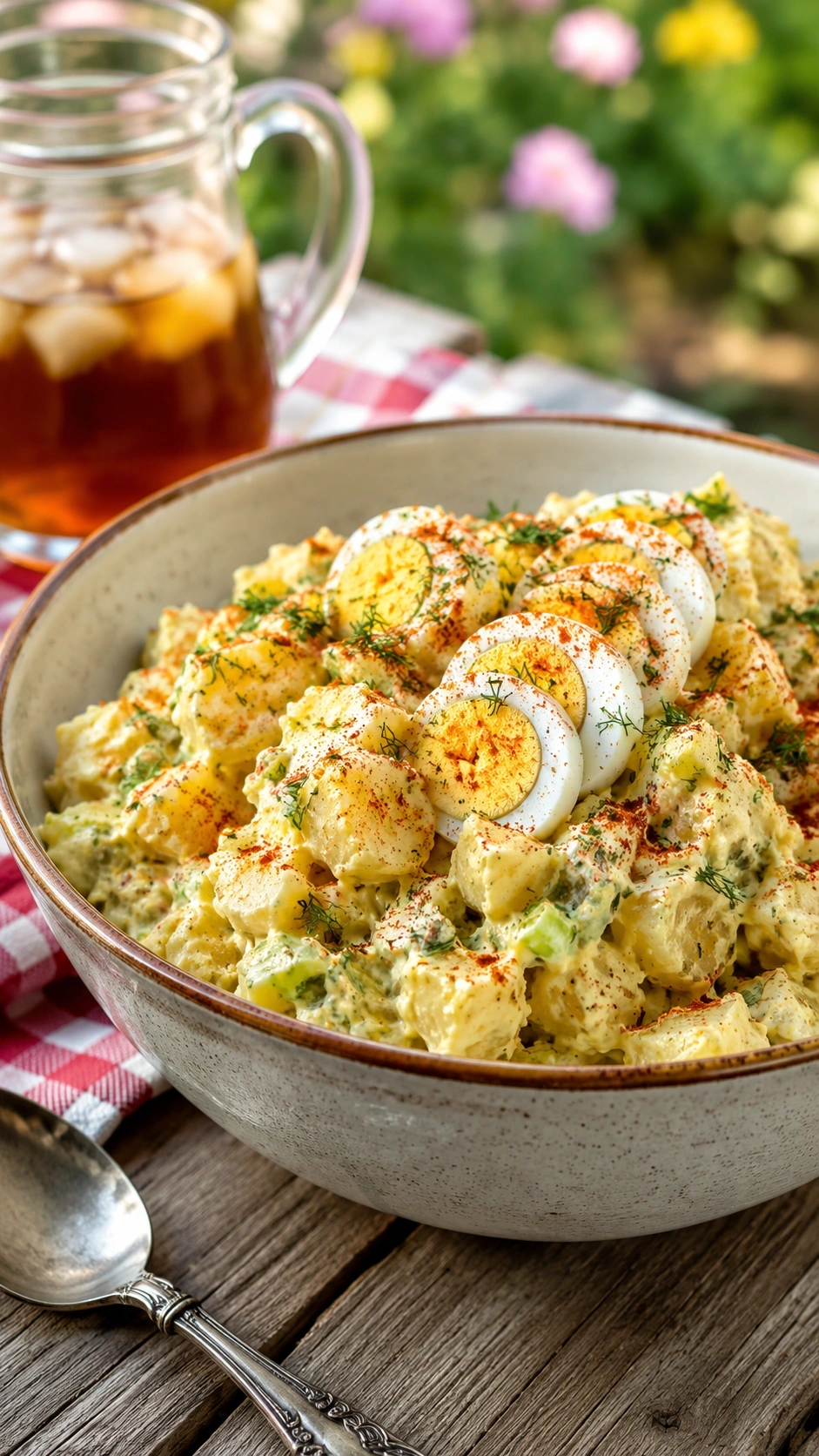 Creamy Southern potato salad with hard-boiled eggs and paprika in a ceramic bowl on a rustic wooden picnic table.
