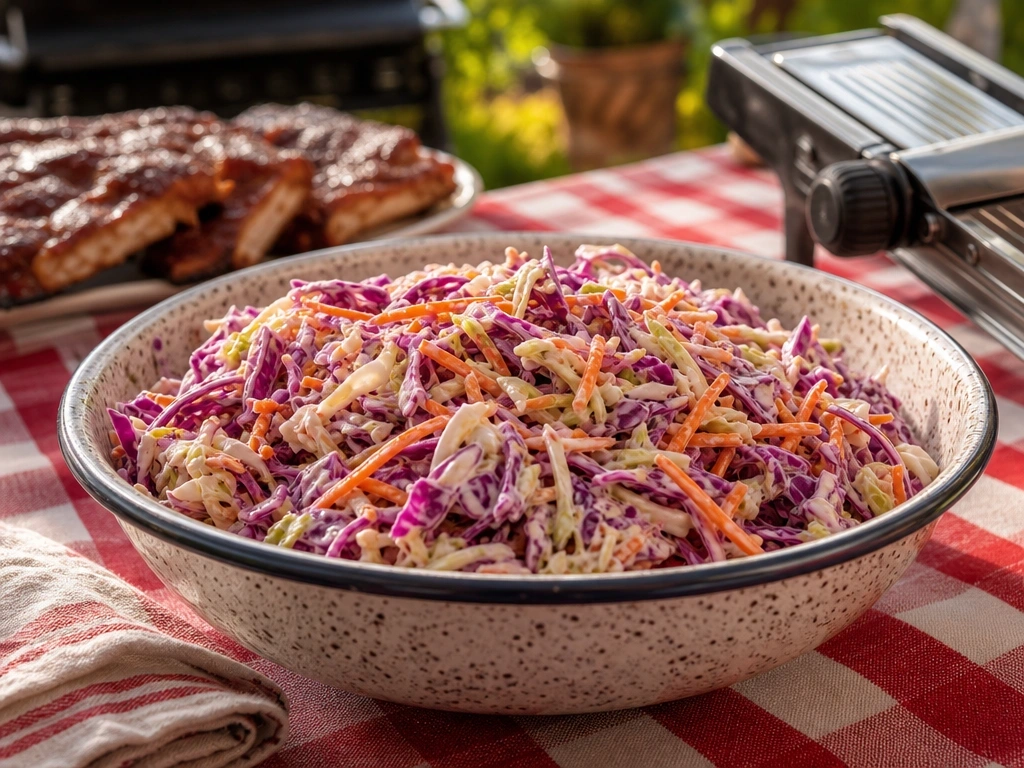 Creamy Southern-style coleslaw with shredded cabbage and carrots in a rustic enamel bowl on a checkered cloth.