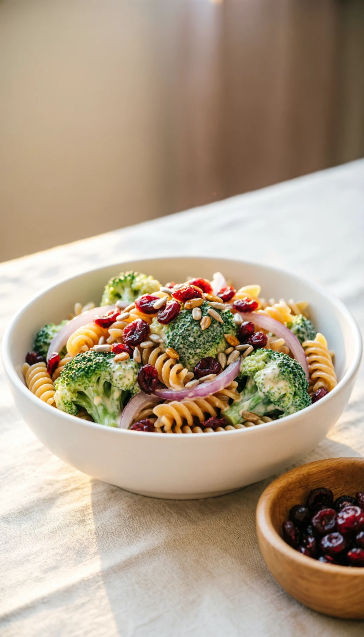 Creamy broccoli pasta salad with rotini, sweet dried cranberries, and crunchy sunflower seeds on a linen tablecloth.