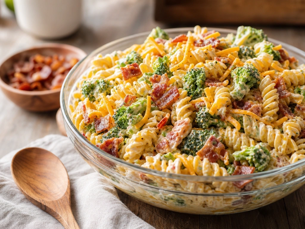 Creamy cheddar bacon broccoli pasta salad with rotini in a glass bowl on a rustic wooden table in a bright kitchen.