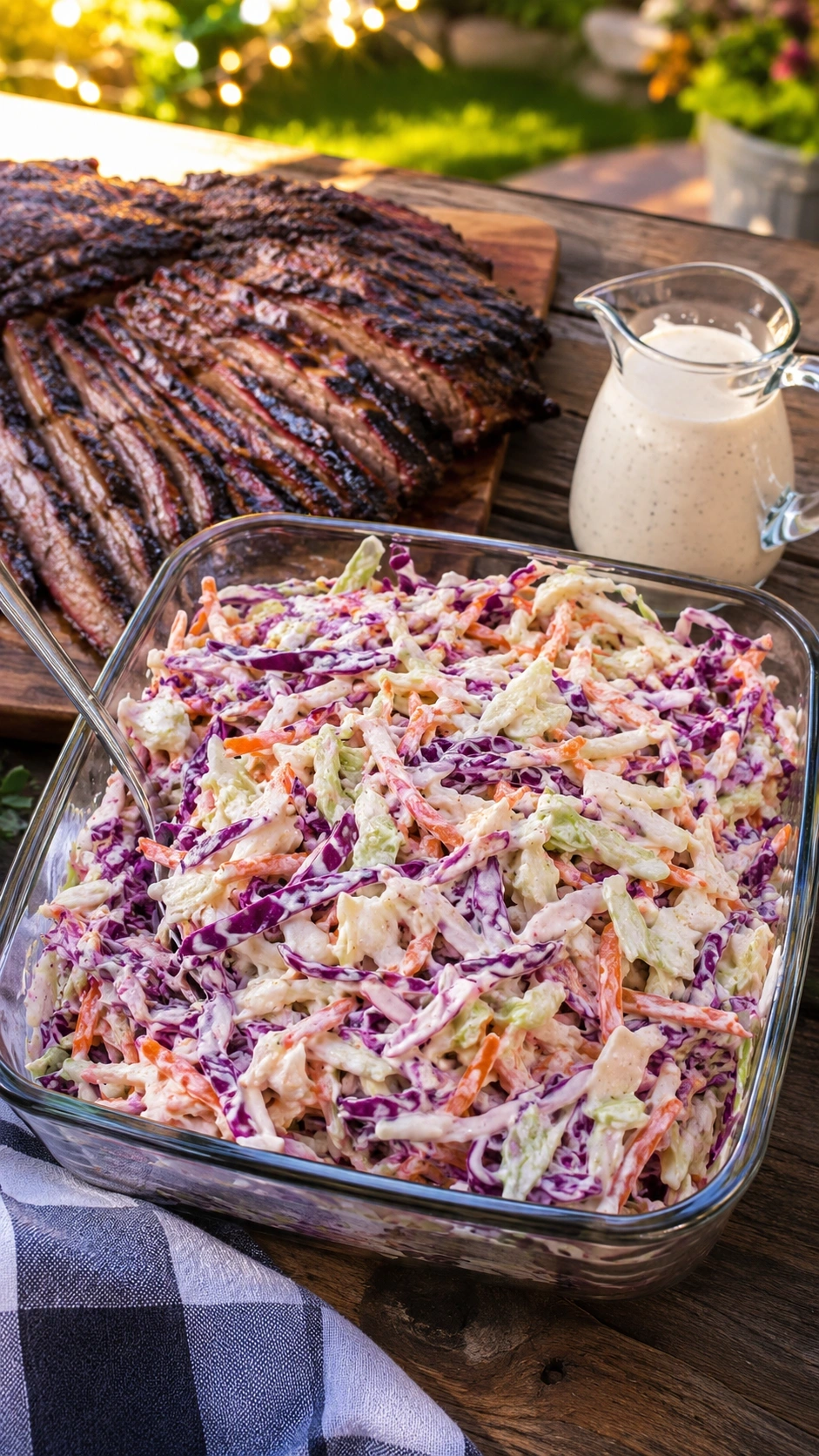 Creamy coleslaw with shredded green and purple cabbage and carrots in a glass dish on a rustic backyard patio table.