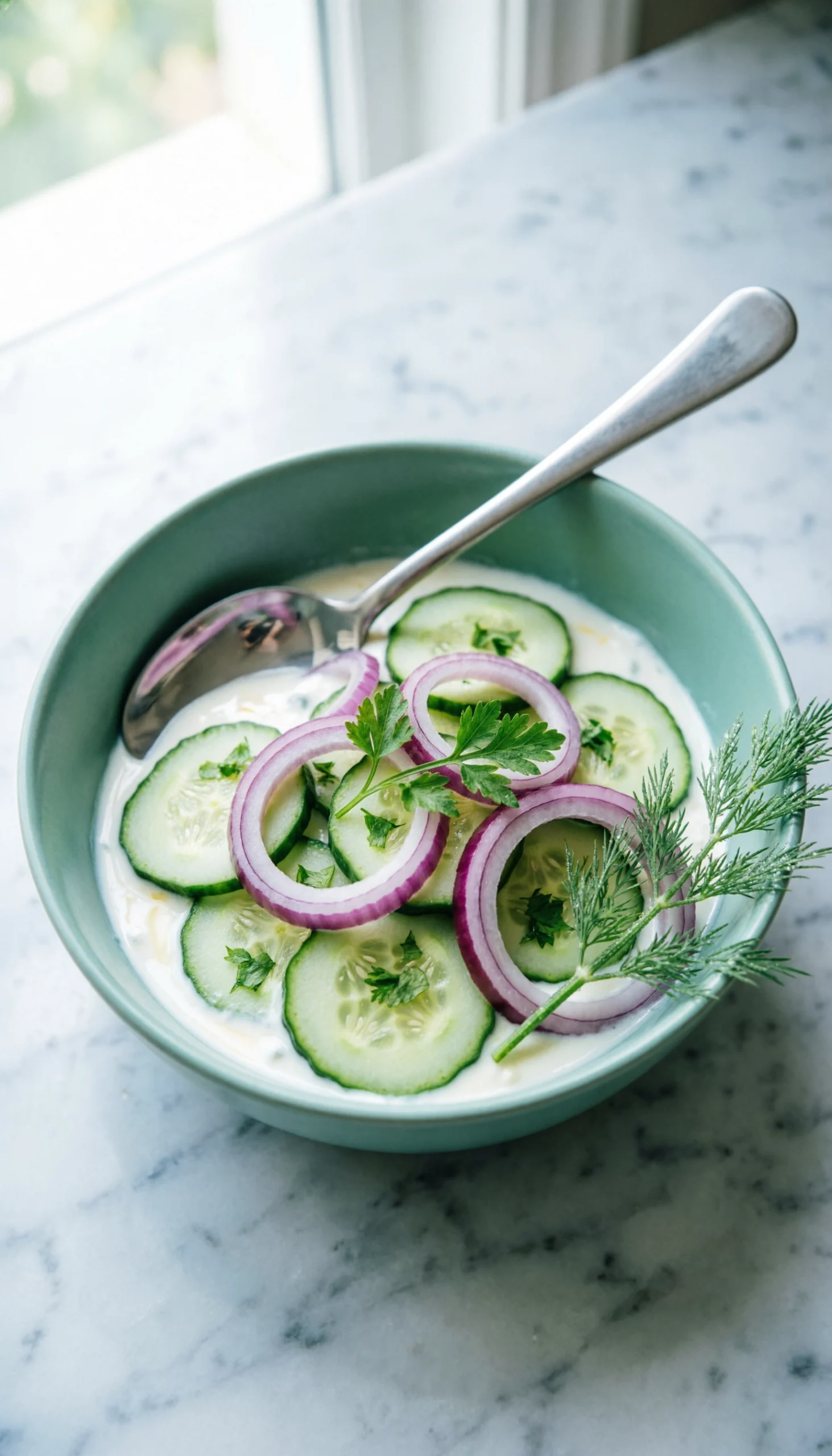 Creamy cucumber salad with red onions and fresh dill in a teal bowl on a modern white marble countertop.