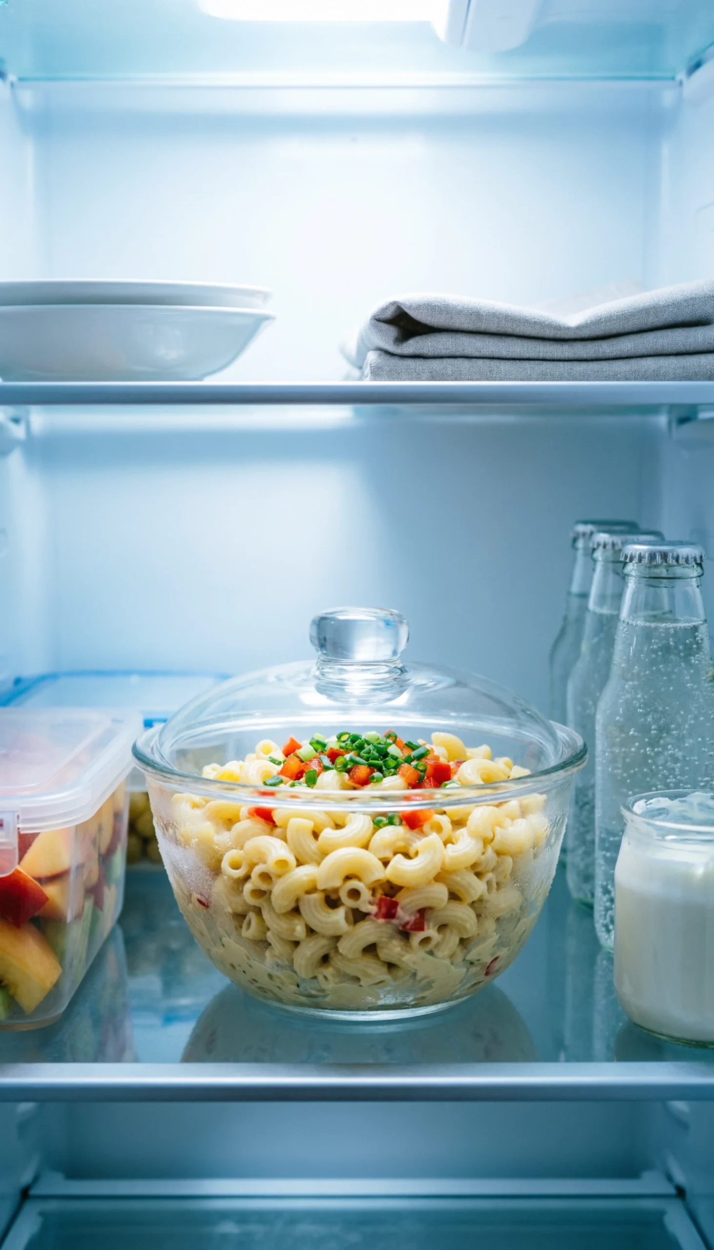 Creamy deviled egg macaroni salad in a glass bowl stored on a shelf inside a clean, organized refrigerator.