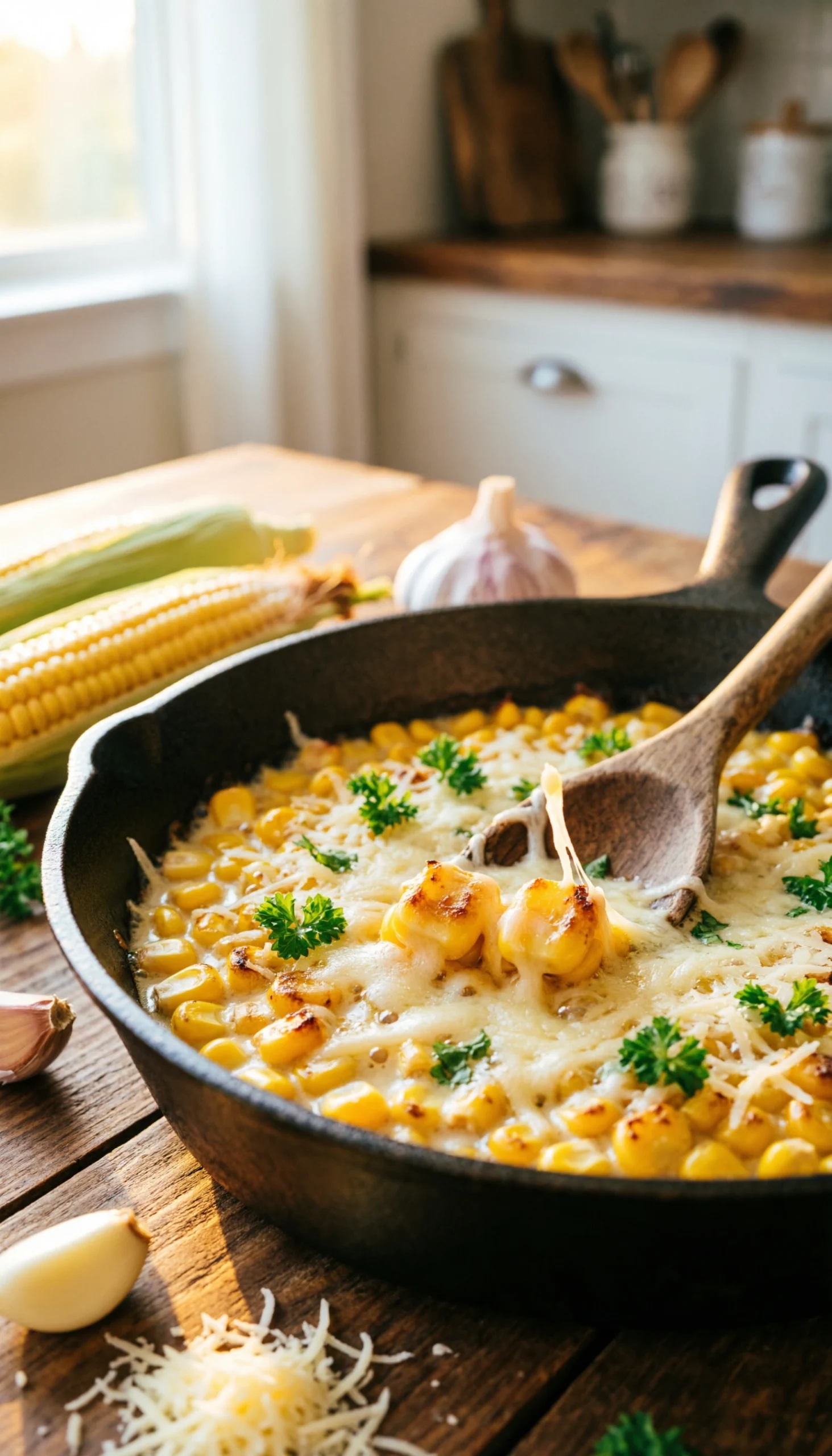Creamy garlic parmesan skillet corn with melted cheese and fresh parsley, sizzling in a cast-iron pan on a rustic table.