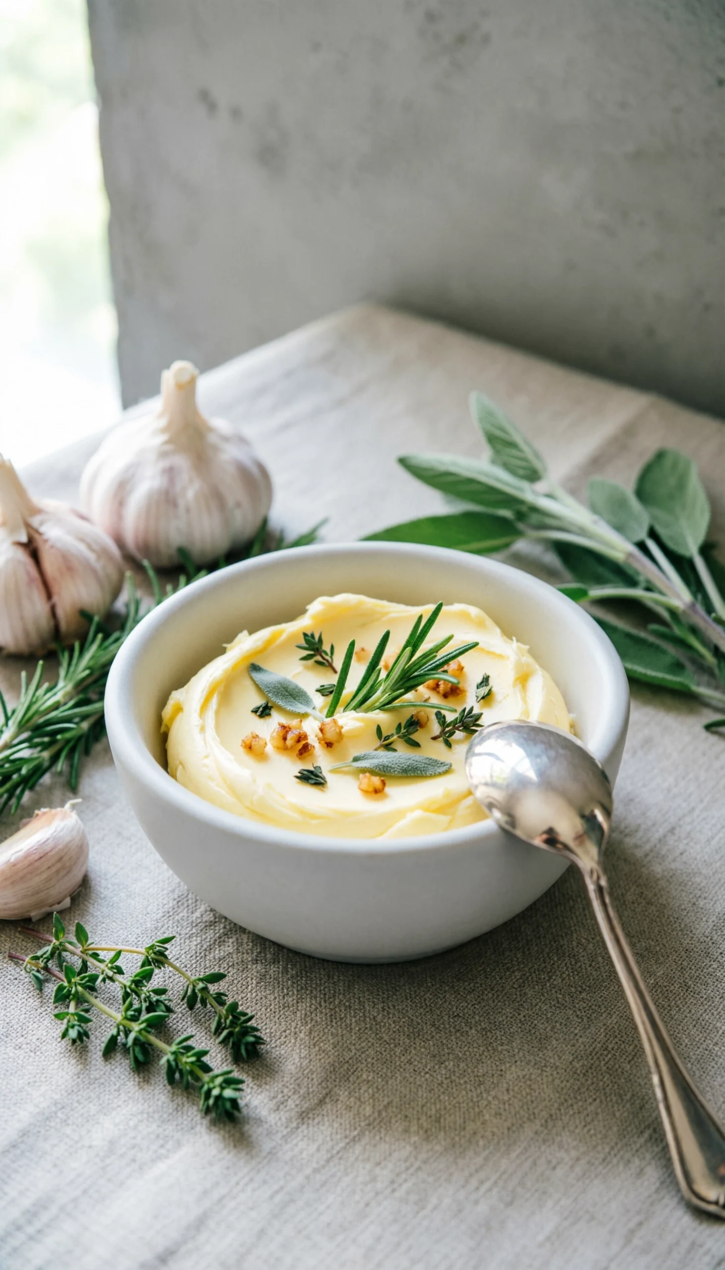 Creamy herb compound butter with minced rosemary and garlic in a vintage ceramic bowl on a linen tablecloth.