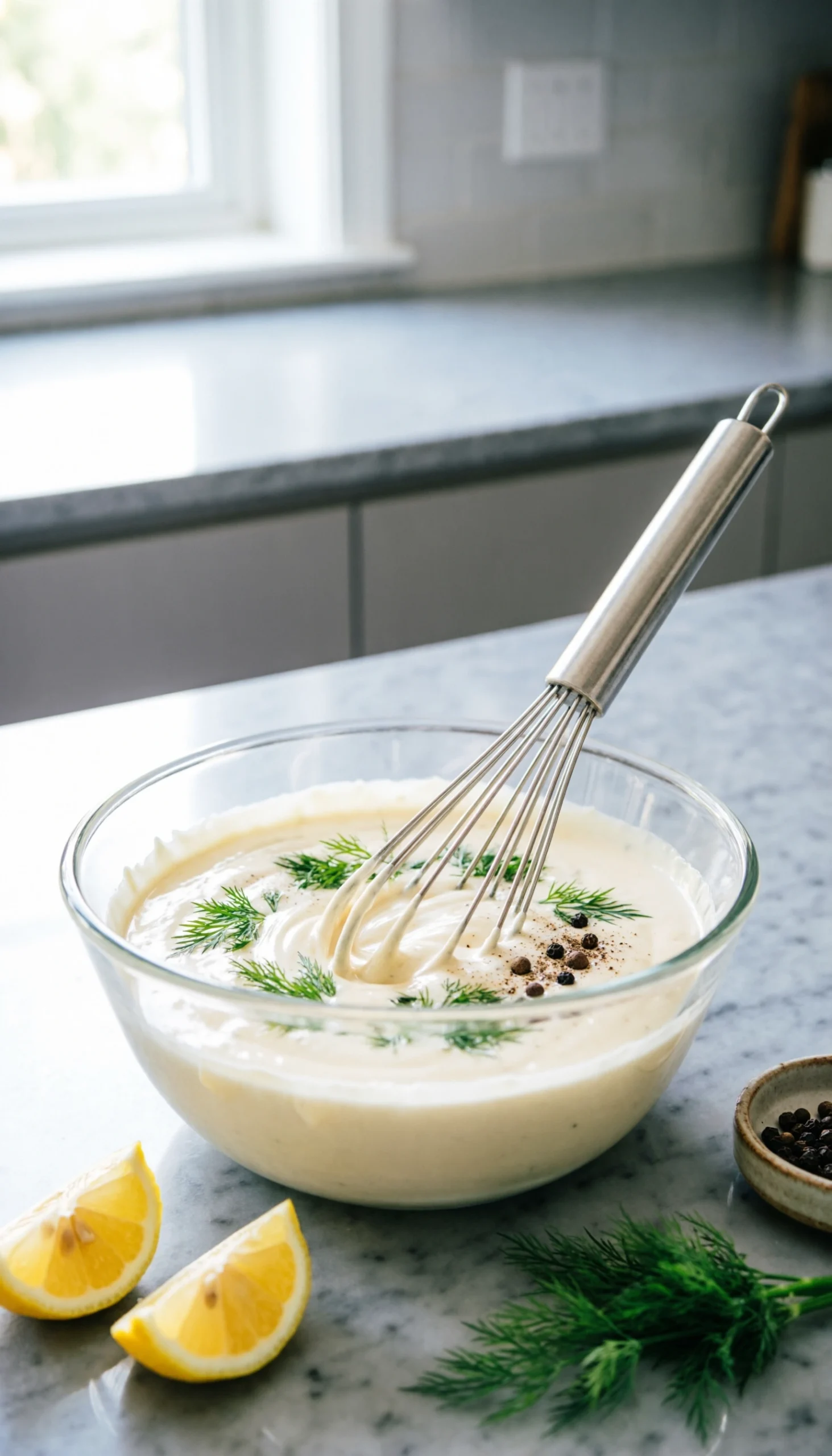Creamy herb dressing with fresh dill and black pepper being whisked in a glass bowl on a marble countertop.