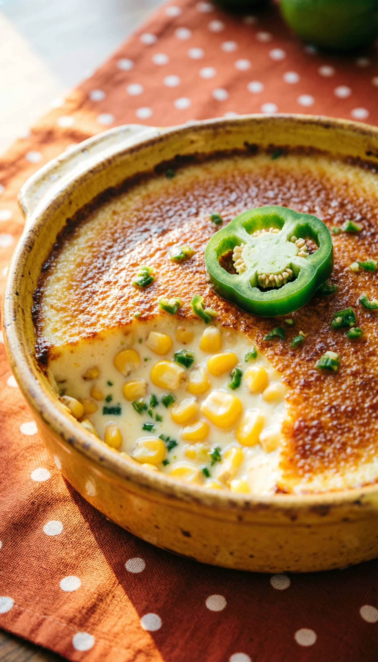 Creamy jalapeño corn pudding with a golden crust and fresh pepper garnish in a rustic ceramic baking dish.