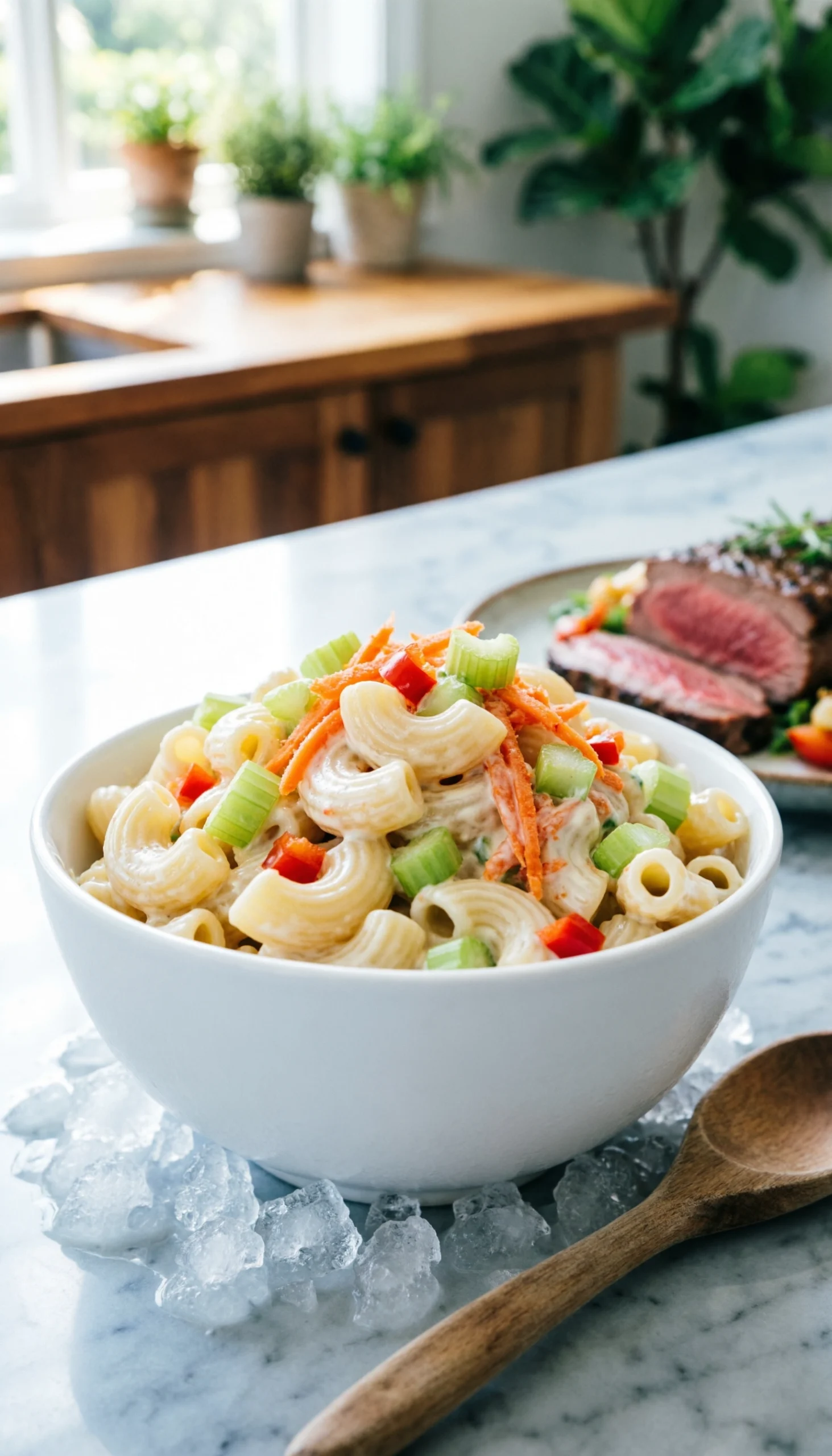 Creamy macaroni salad with elbow noodles, celery, carrots, and bell pepper, chilled on ice in a bowl on a marble outdoor kitchen.