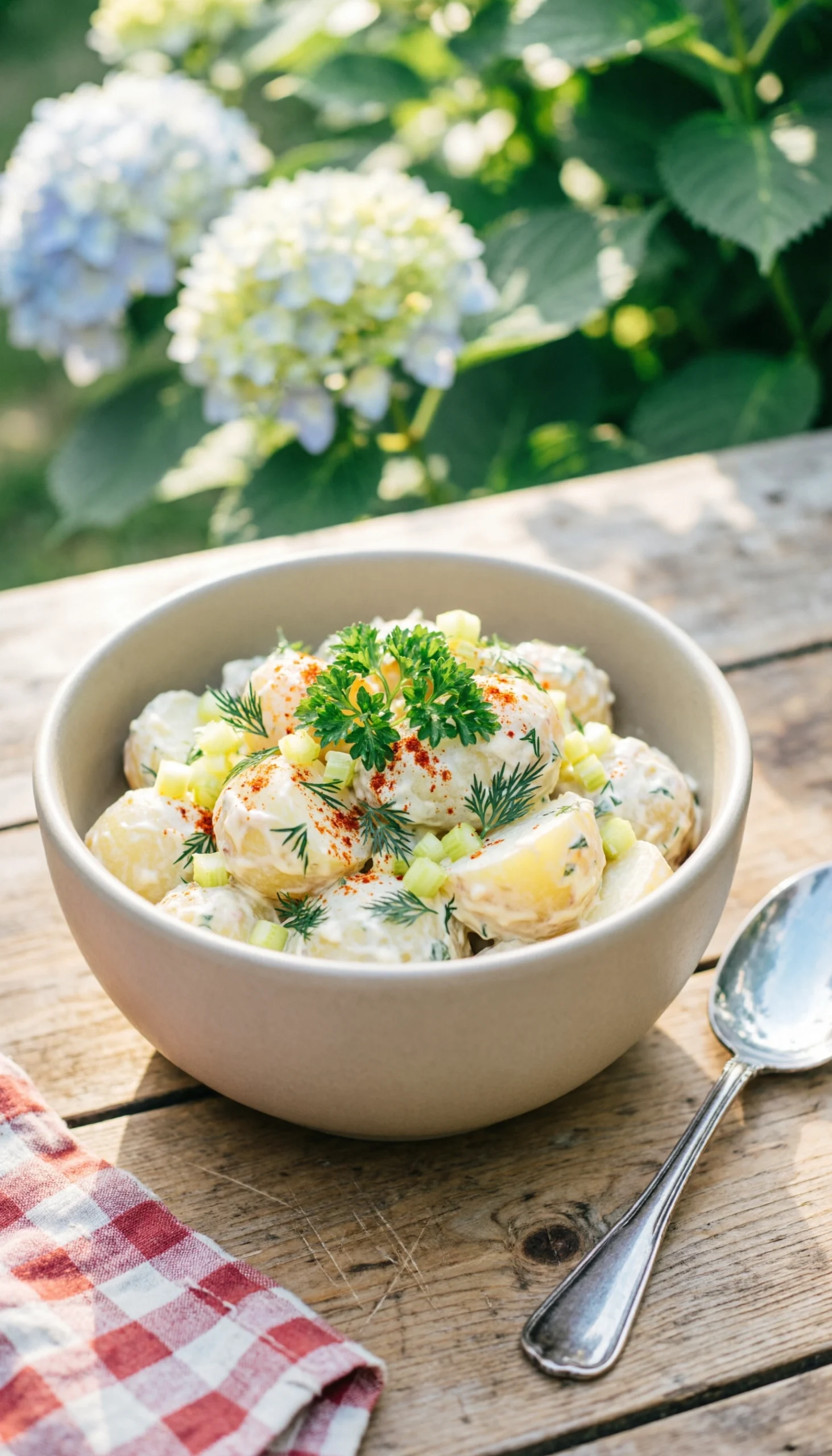 Creamy make-ahead potato salad with fresh dill and smoked paprika in a ceramic bowl on a rustic wooden BBQ table.